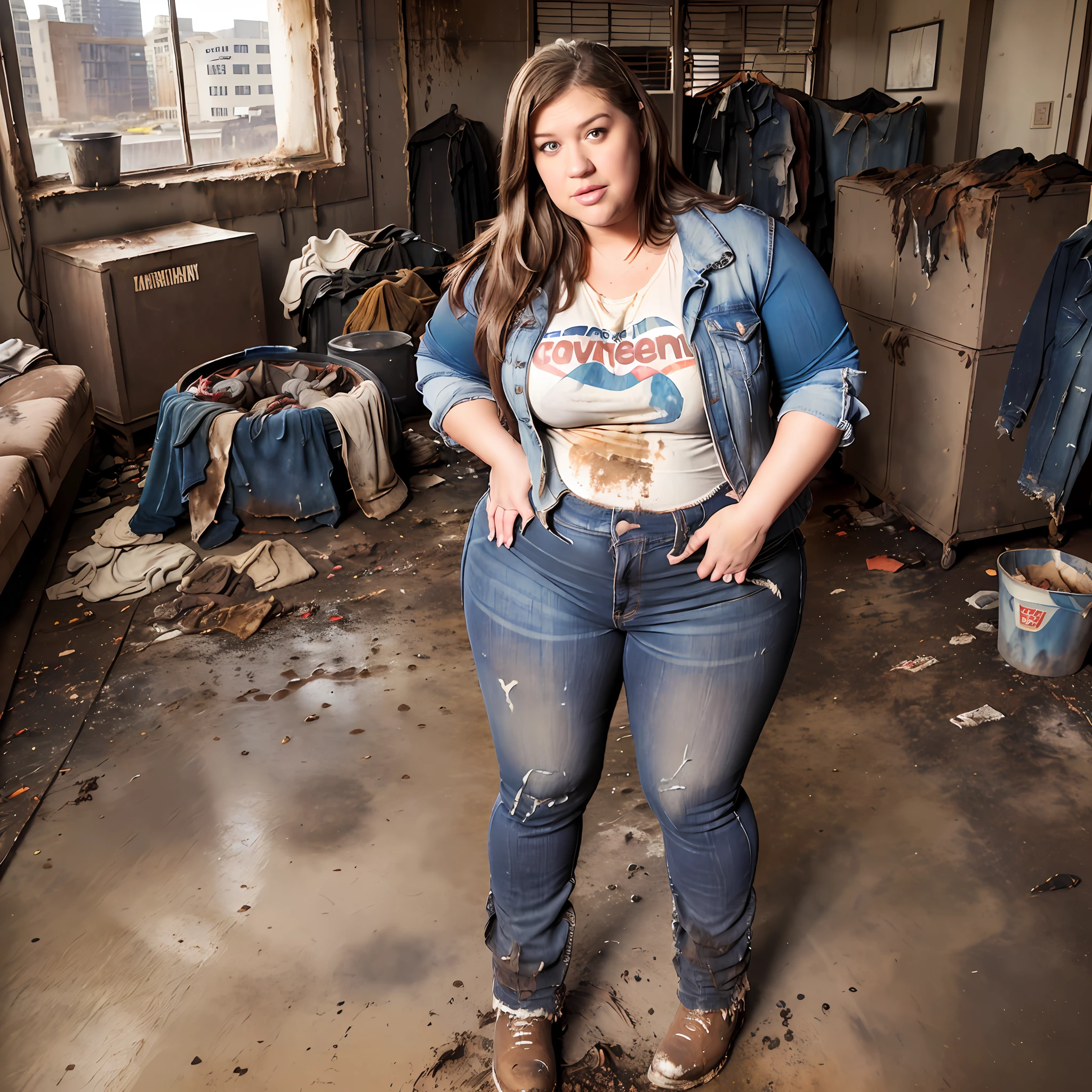 ((Overweight)) ((chubby)), Kelly Clarkson, small breasts, long brown hair, wearing business casual jeans, t-shirt, boots, jacket, standing in a living room, filthy dirty clothes, covered in dirt ((dirty clothes:1.3)) (((full body shot))) (((full length))) (masterpiece) ((cinematic look))