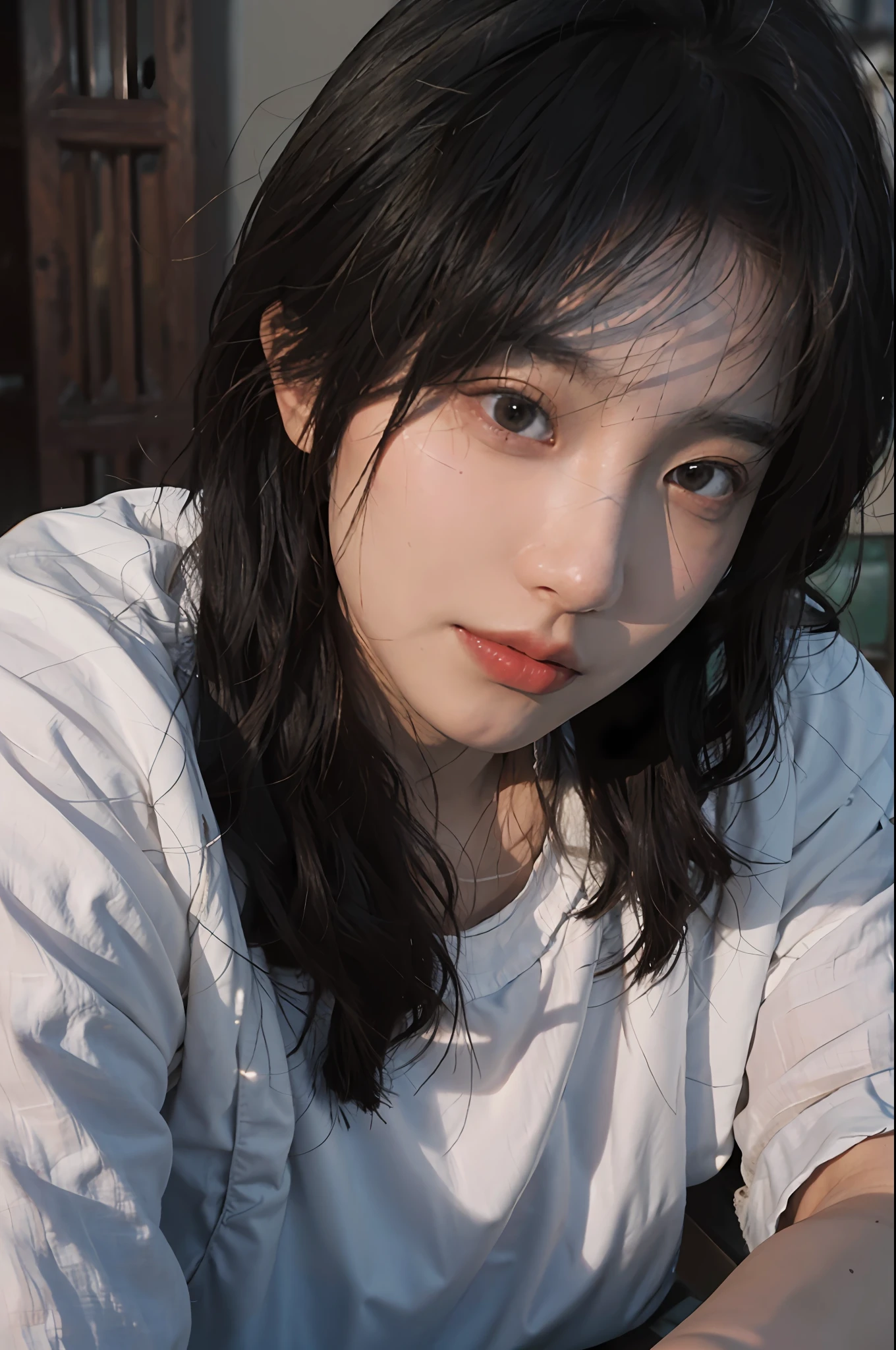 8K, Best Quality, Masterpiece, Ultra High Resolution, (Realism: 1.4), Original Photo, (Realistic Skin Texture: 1.3), (Film Grain: 1.3), (Selfie Angle), 1 Girl, Beautiful Eyes and Face Details, Masterpiece, Best Quality, Close-up, Upper Body, Looking at the Viewer