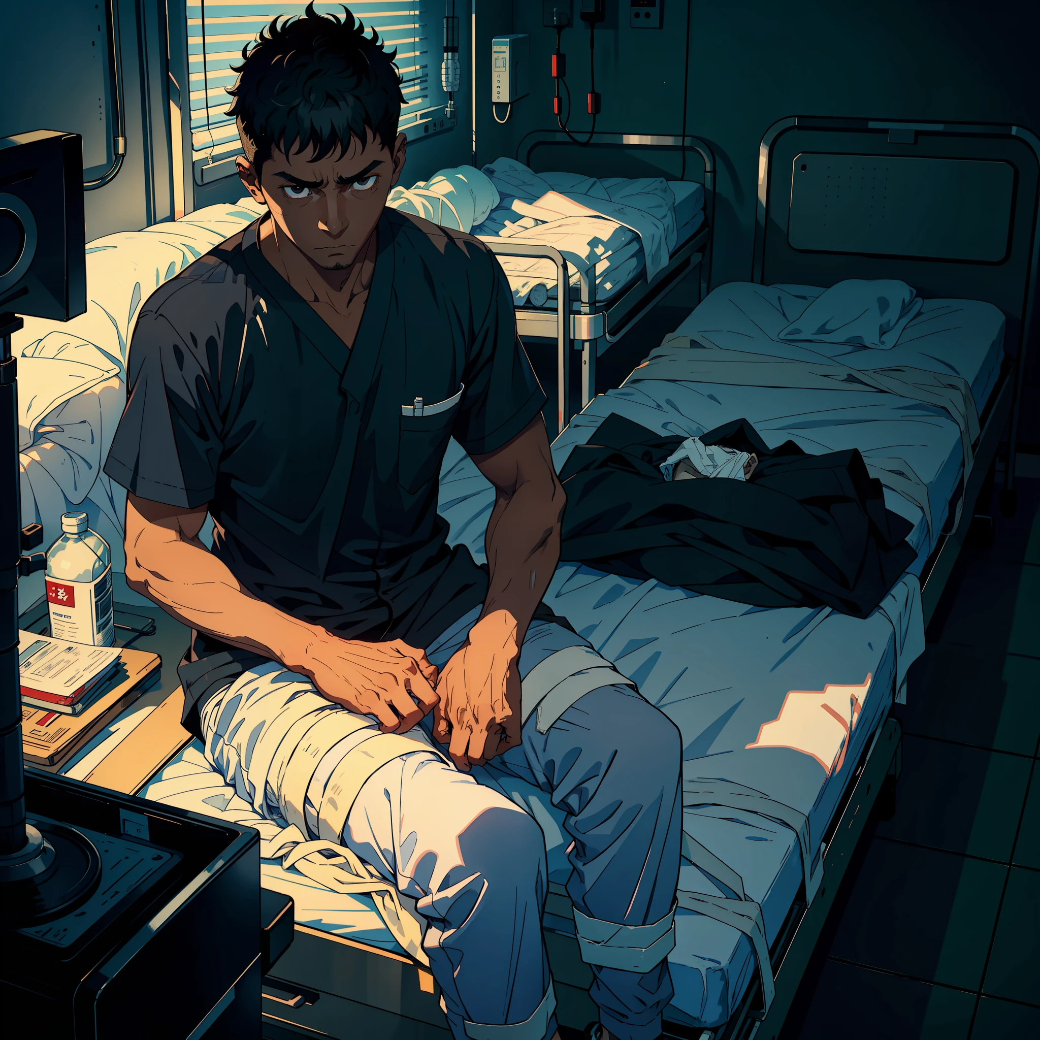 A man, 30 years old, black ultra-short hair, black eyes, sad, with bandages on his feet, lying on a hospital bed, panorama