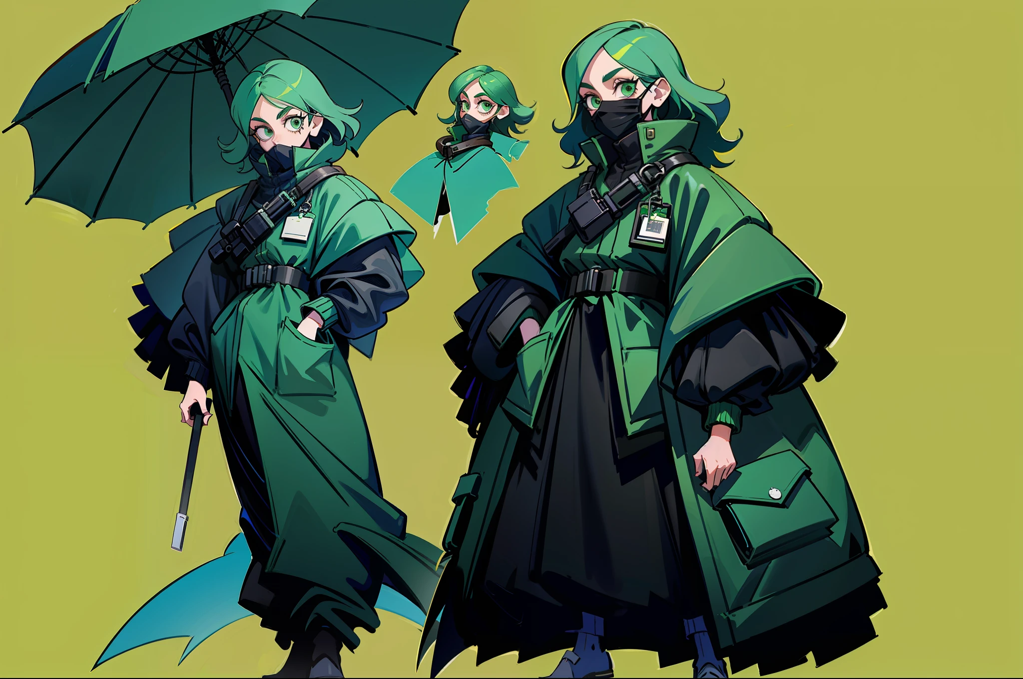 Bank robber styled clothing girl wearing poncho black color scheme with hint of emerald green goofy hair wearing black mask pockets all over outfit fullbody criminal holding whip standing at camera tall character concept art sheet