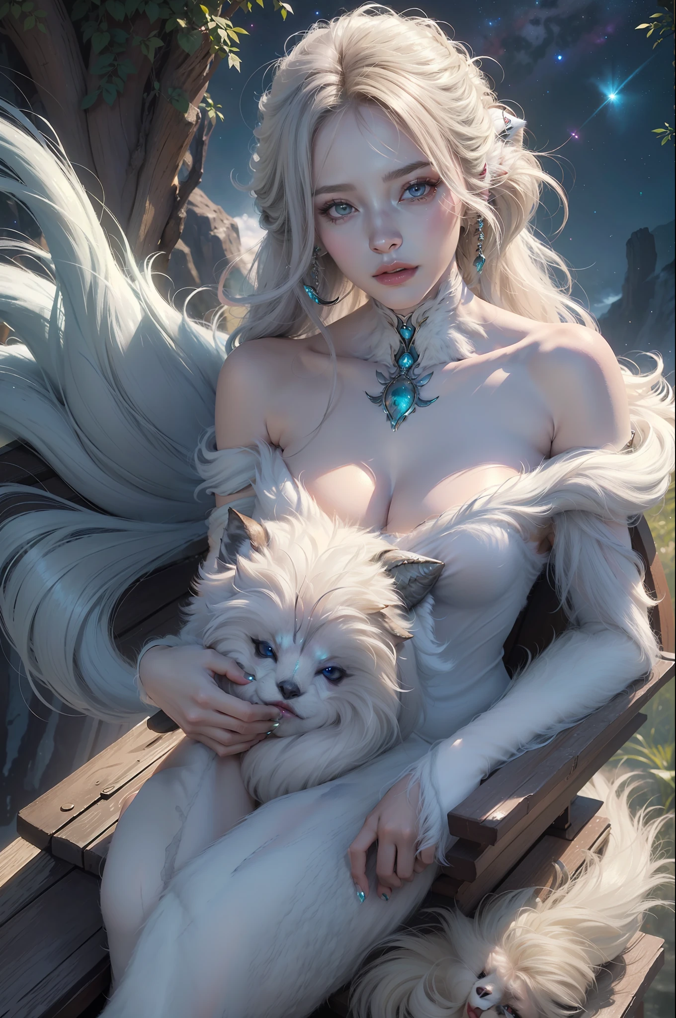 breathtaking masterpiece, best quality, highest quality, highly detailed, exquisite, award winning 8K digital painting of an ethereal and (incredibly beautiful female alien:1.4) with luminescent body parts that shimmer like stardust (lying gracefully on a steep cliff:1.2), casting a watchful gaze over (the galaxy:1.33), (a fluffy creature rests on her shoulder:1.8), intricate details, golden ratio, BaroqueAI, v0id3nergy, by Louis Royo