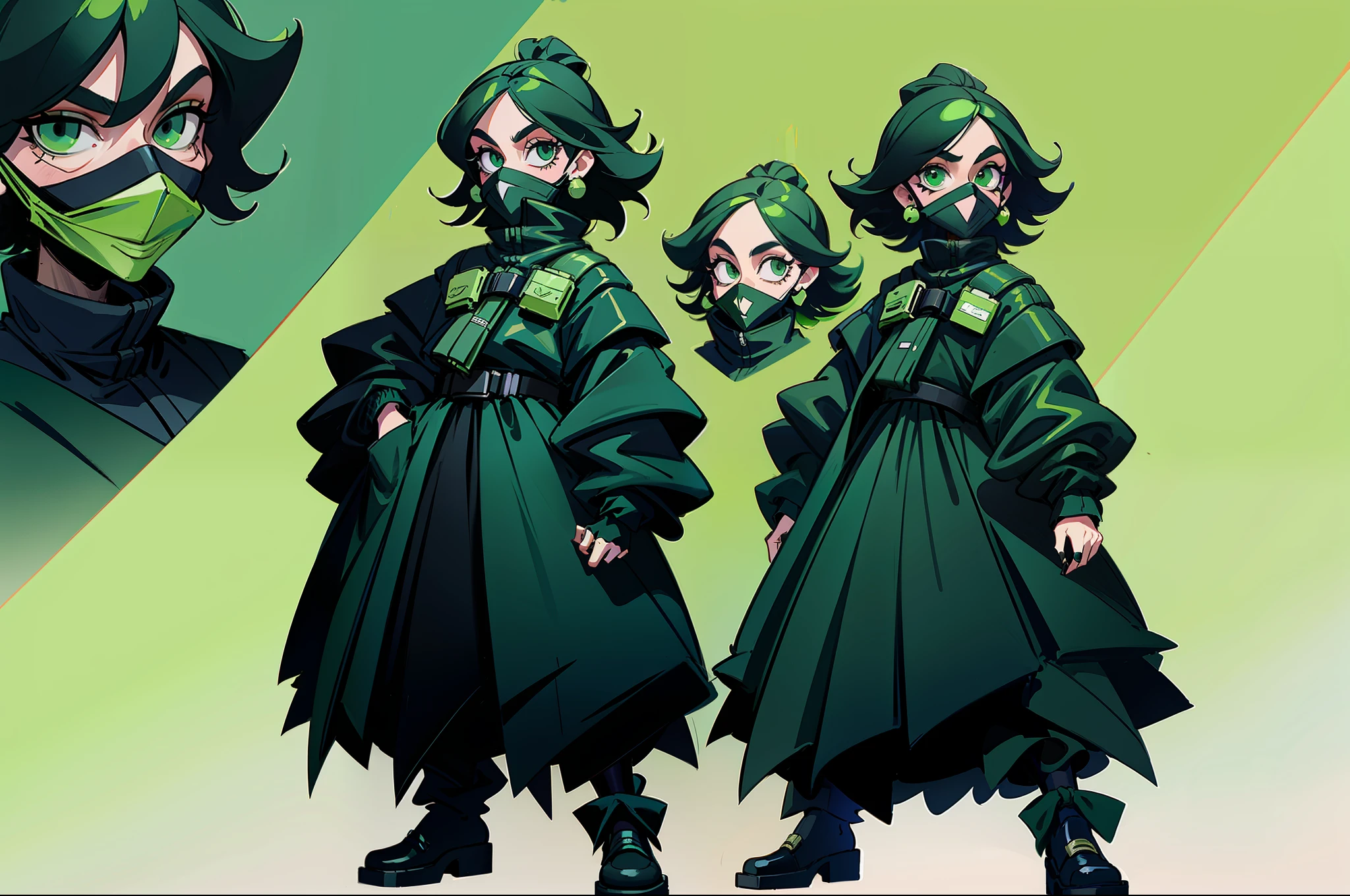 Bank robber styled clothing girl wearing poncho black color scheme with hint of emerald green goofy hair wearing black mask pockets all over outfit fullbody criminal holding whip standing at camera tall character concept art sheet