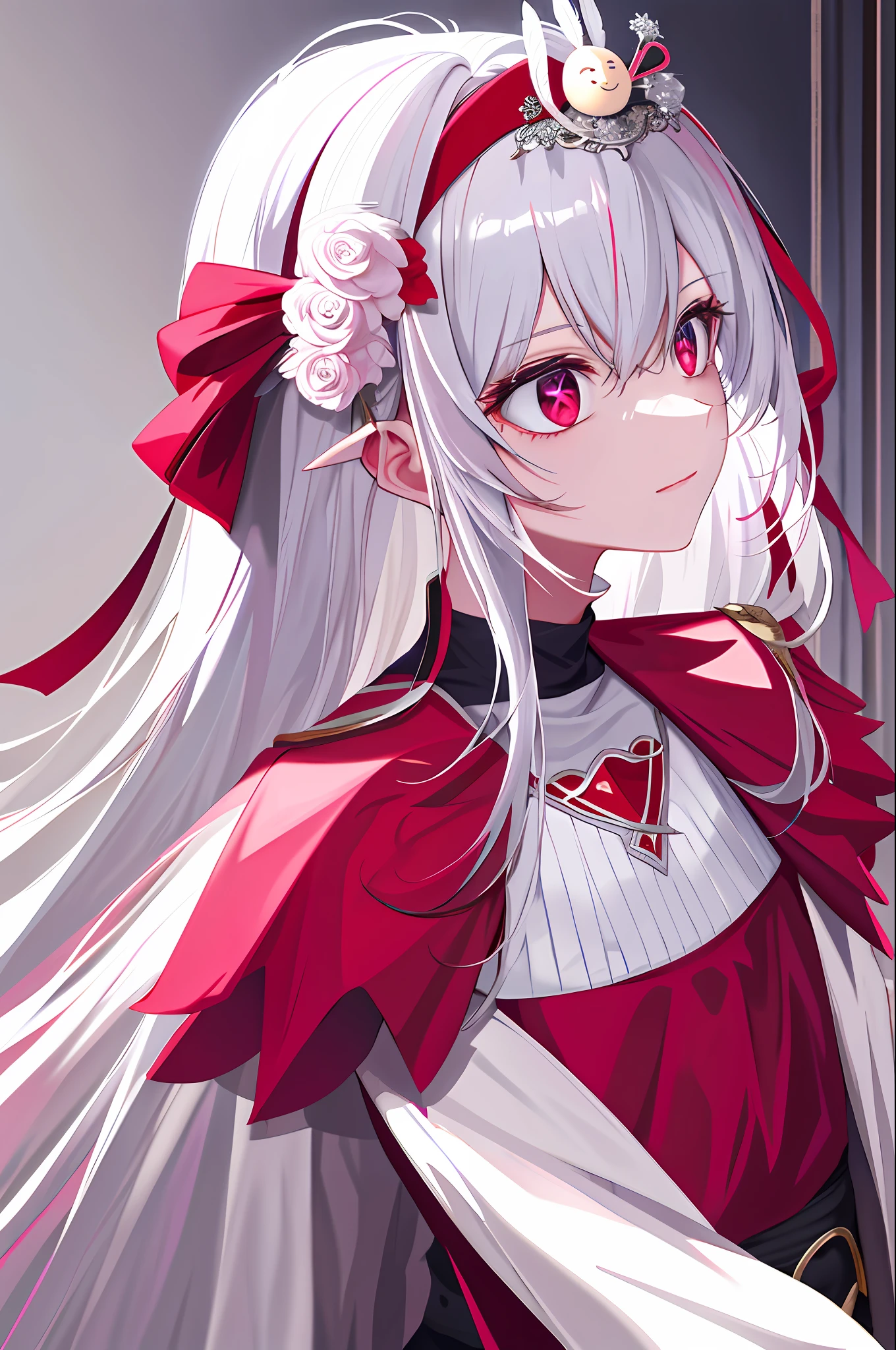 Masterpiece, best quality, white hair ,highlight, sui1, 1girl, solo, red eyes, long hair, gothic headband,, rose hair ornament, feathers