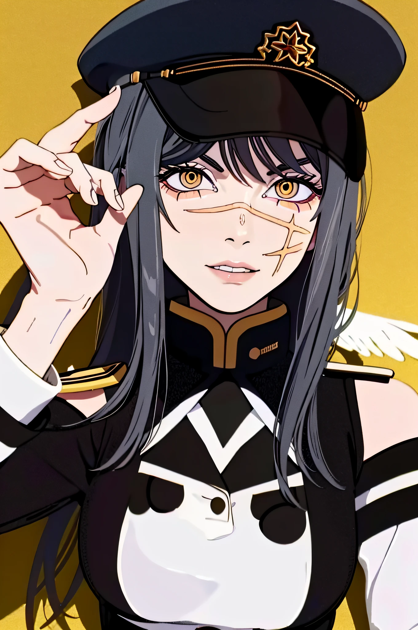(masterpiece, best quality: 1.2), Solo, 1girl, Yoru \(Chainsaw Man\), evil look, looking at the viewer, yellow eyes, long hair, completely black hair, reference to clothing of a German WWII general, black long sleeves (best quality), scar on face, beautiful eyes, has only 2 arms, has war medals on his clothes,  Black military cap with a golden eagle, (wallpaper), (8K HD), (8K HD), golden shoulder pads,