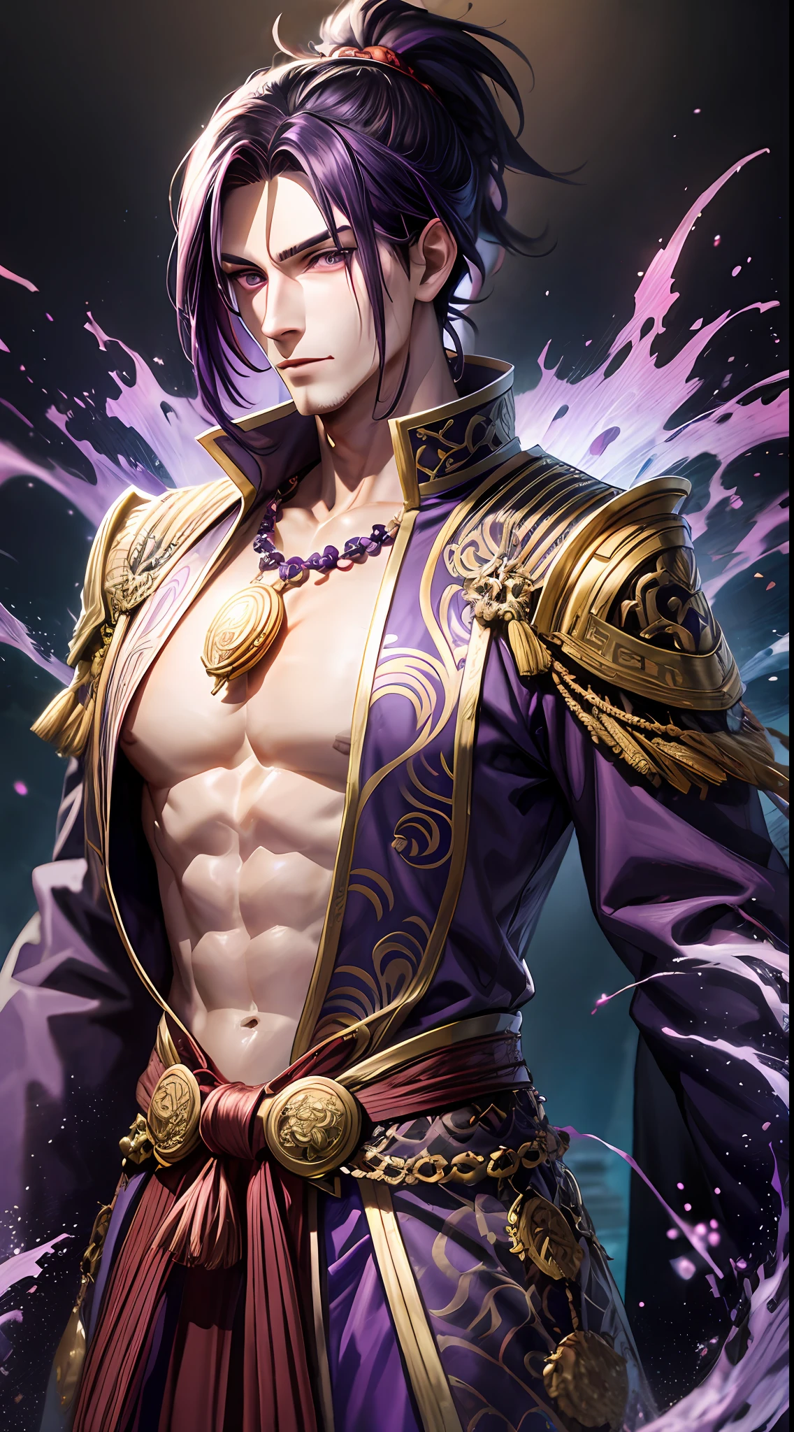 Tall guy, short dark purple hair, high ponytail, purple eyes, Monkey King clothes, open chest, battle staff, masterpiece, high quality