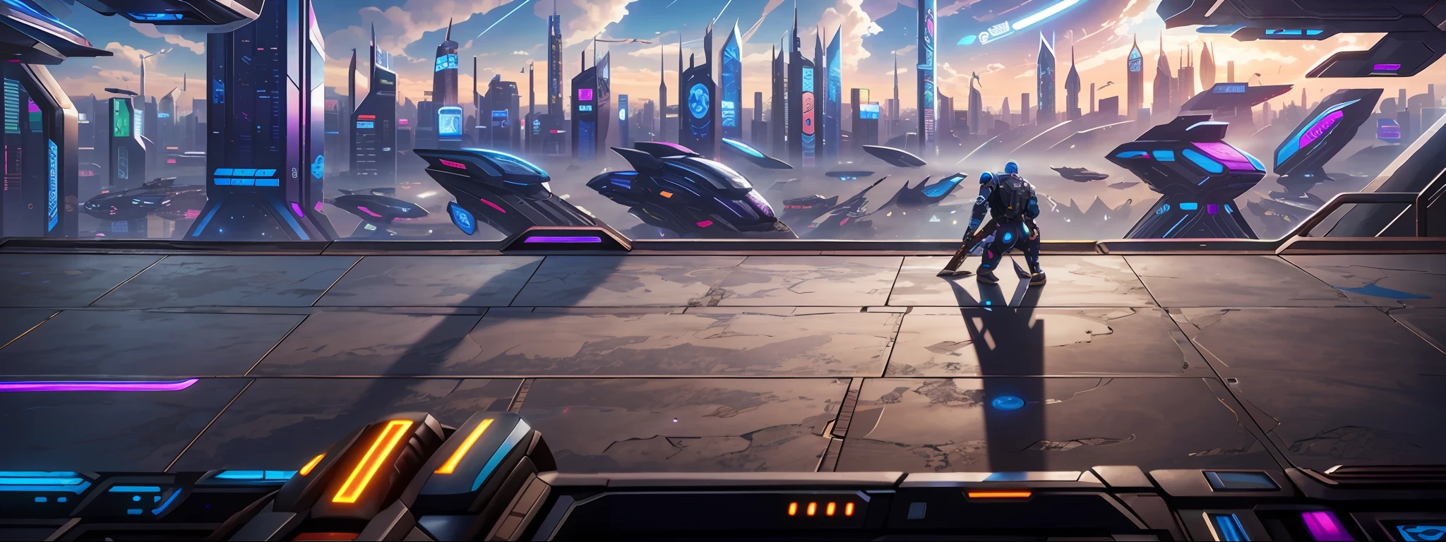 Cyberpunk, broken, there is a picture of the future city of technology, there is a horizontal and wide technology road background, gorgeous bright background, arena background, game background, exaggerated futuristic sci-fi background, cartoon style