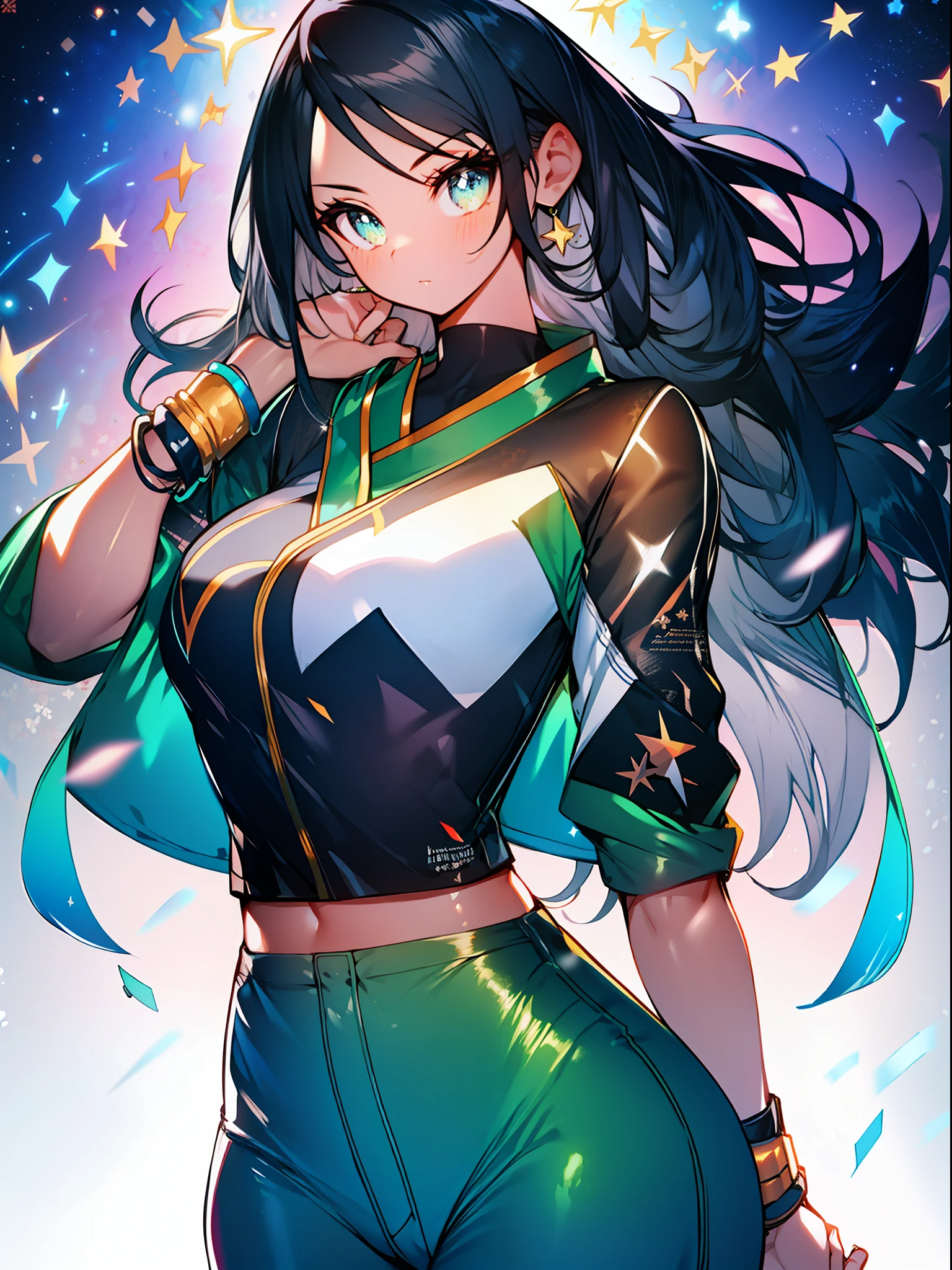 background, mixed language_text, Japanese letters in graphite, woman, long black hair gradient, excellent lighting, side lighting, perfect end (gradient colors: 1.3), (magazine_cover: 1.4), (colored_background: 1.3), :: discs with sharp and shiny blades in the hand :: circular pieces of white metals glued to the ultra detailed arms coming out sparkling glow, star design stamped in the middle of the t-shirt, Perfect and detailed, ultra detailed shirt with tattoo design and with Japanese saying print, jeans used, with immersive effects, hover effect, graphite background style flowers with flowers and colors, "ultra" HDR detailed and with focus effect, (masterpiece: 1.2, best quality), (beautiful finely detailed emerald-yellow eyes: 1.2), Big breast, ((Solo)), (Finely detailed eyes and detailed face: 1.3), beautiful ultra-detailed eyes, linear light smile, . midriff, skintight bodysuit with detailed tattoo style print, ultra-detailed red gradient leather jacket,, skintight pants with ultra-detailed white details, , ultra-detailed bracelets on the arms, , ultra bright right arm bracelet