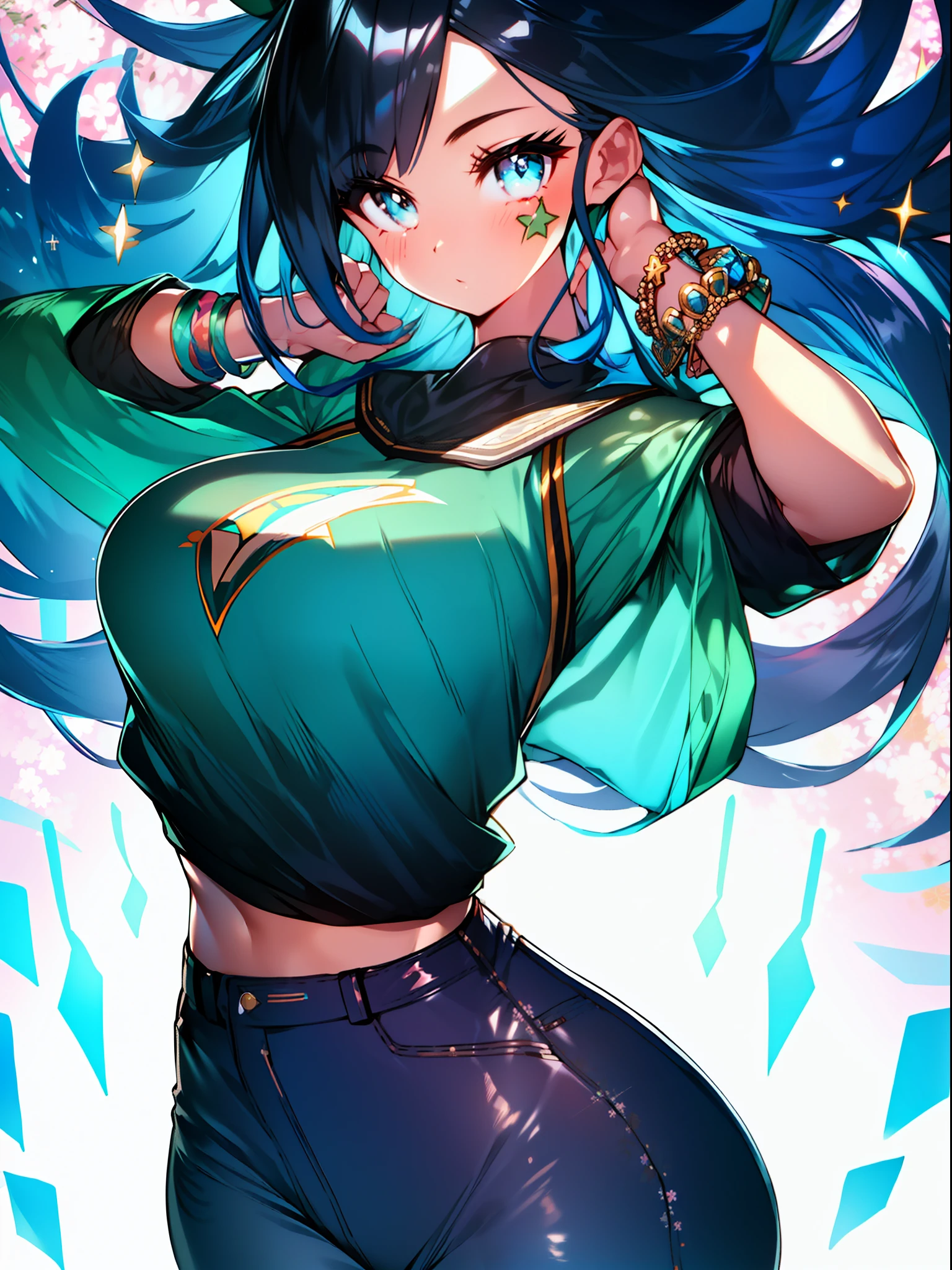 background, mixed language_text, Japanese letters in graphite, woman, long black hair gradient, excellent lighting, side lighting, perfect end (gradient colors: 1.3), (magazine_cover: 1.4), (colored_background: 1.3), :: discs with sharp and shiny blades in the hand :: circular pieces of white metals glued to the ultra detailed arms coming out sparkling glow, star design stamped in the middle of the t-shirt,  Perfect and detailed, ultra detailed shirt with tattoo design and with Japanese saying print, jeans used, with immersive effects, hover effect, graphite background style flowers with flowers and colors, "ultra" HDR detailed and with focus effect, (masterpiece: 1.2, best quality), (beautiful finely detailed emerald-yellow eyes: 1.2), Big breast, ((Solo)), (Finely detailed eyes and detailed face:  1.3), beautiful ultra-detailed eyes, linear light smile, . midriff, skintight bodysuit with detailed tattoo style print, ultra-detailed red gradient leather jacket,, skintight pants with ultra-detailed white details, , ultra-detailed bracelets on the arms, , ultra bright right arm bracelet
