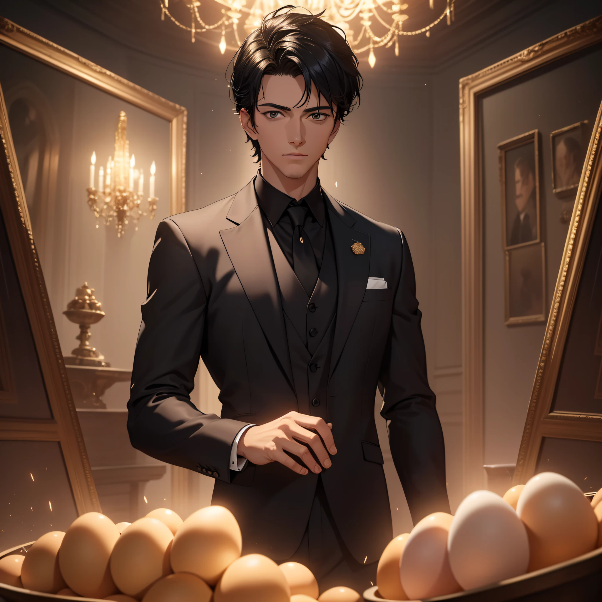 A thirty-year-old middle-aged man in a black suit with short black hair stands in a room piled with eggs, surrounded by firelight, radiant (Magic Array 1.5) (background is a room full of eggs 1.5) (Best quality: 1.1) (Vista 1.5) (Masterpiece: 1.3) with an unparalleled masterpiece, surreal 8K, perfect artwork, super detail, best quality, masterpiece 4K wallpaper aesthetics, masterpiece, award-winning artwork, official art, cinematic lighting (handsome young man 1.5) (Handsome 1.5) (Vicissitudes 1.3