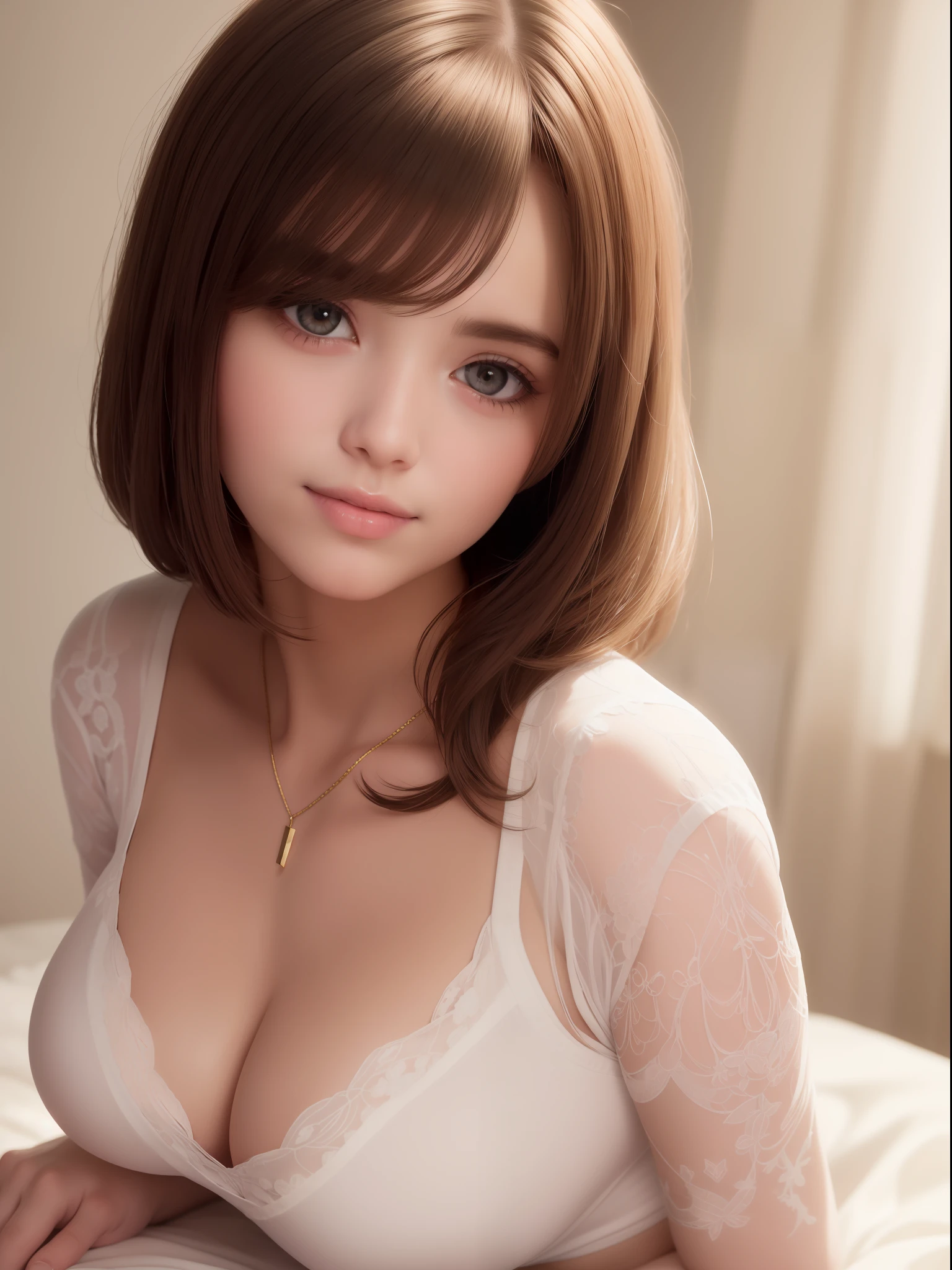 DETAILED, DENSE, MASTERPIECE, one girl, beautiful, wearing white cardigan, one girl lying on bed with blanket, brown hair, 22 years old, smooth skin, glowing skin, glowing hair, clear eyes, glowing eyes, brown eyes, soft lips, pale pink lips, (viewer Looking down: 0. 8) smiling slightly, cheeks stained, shy, mouth open, bangs, white sleeves, white clothing, one girl, soft skin, large breasts, glowing skin, cinematic lighting, rich lighting, room lighting, simple gold necklace, diamond necklace, white Lace bra, white lace panties, white lace underwear, high angle, low angle, (Masterpiece: 1.0), (Realistic: 1.6), (Soft Focus: 1.5)