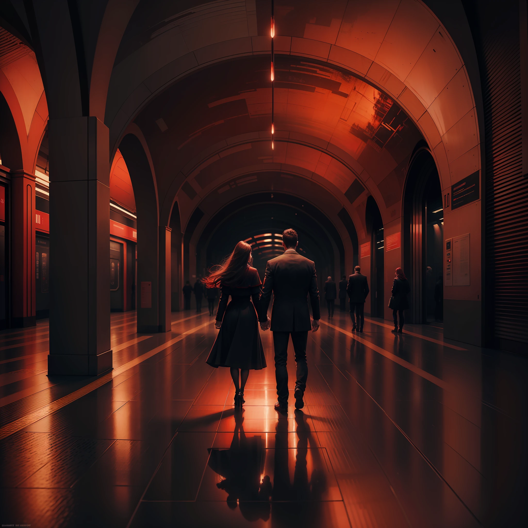 Picture of a couple in a metro station of the future, classic painting by Claude Monet, lighting with the colors of Claude Monet, highlights in mind-blowing red, dark environment, painting by Claude Monet