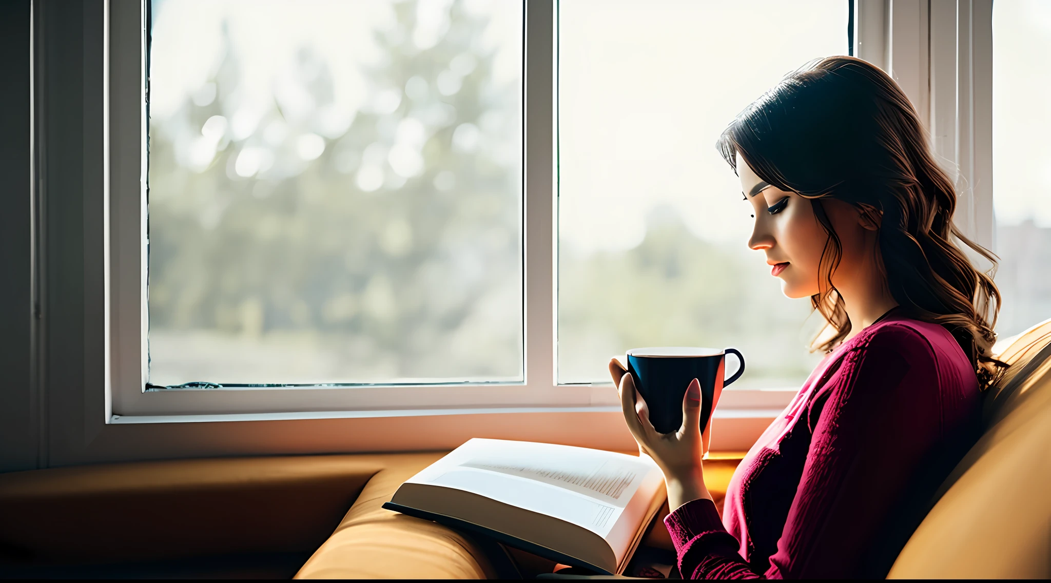 Makeup, big house, bright sunlight, shallow depth of field, beautiful single Romanian woman sitting on sofa by window reading lifelike full potreit, coffee cup