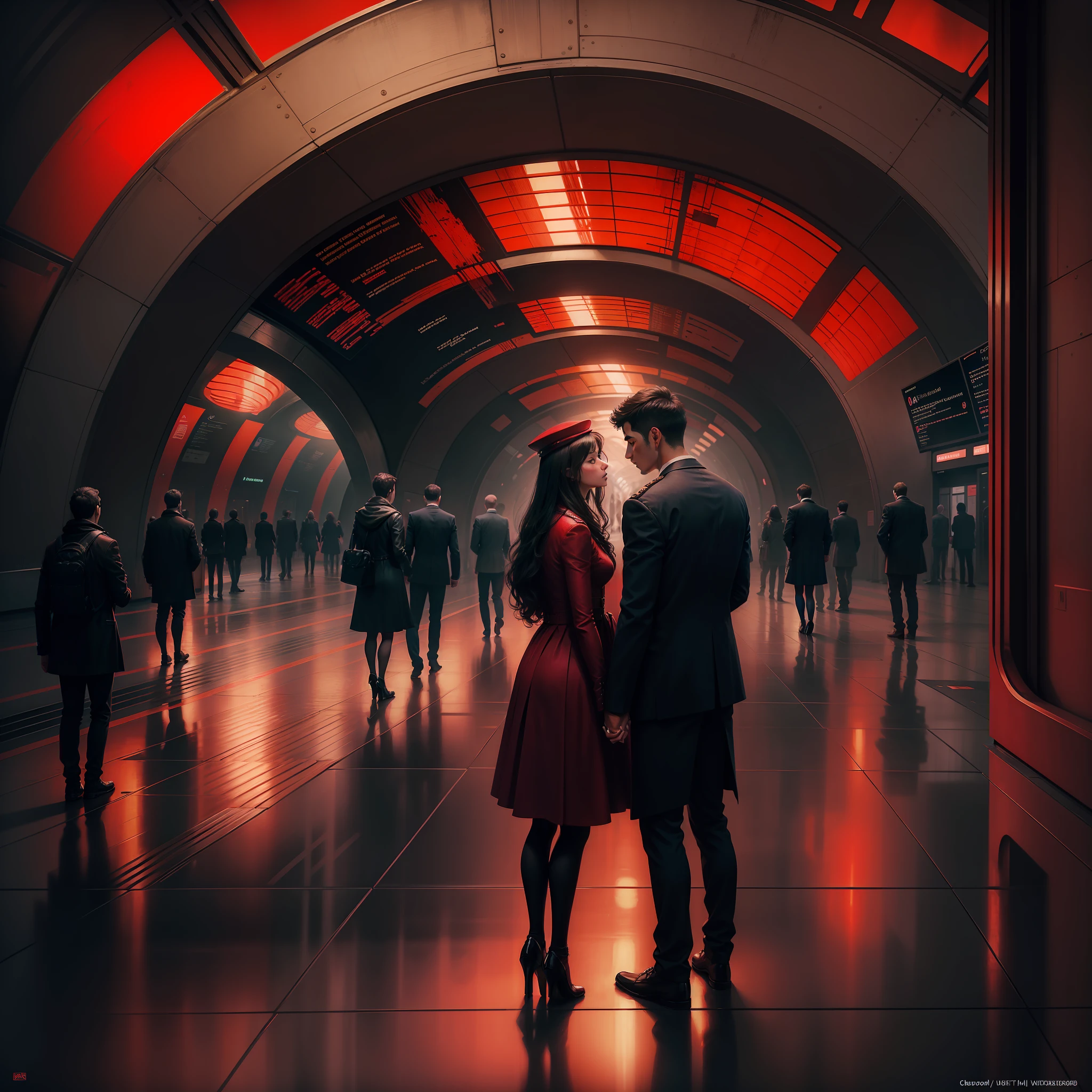 Picture of a couple in a metro station of the future, classic painting by Claude Monet, lighting with the colors of Claude Monet, highlights in mind-blowing red, dark environment, painting by Claude Monet