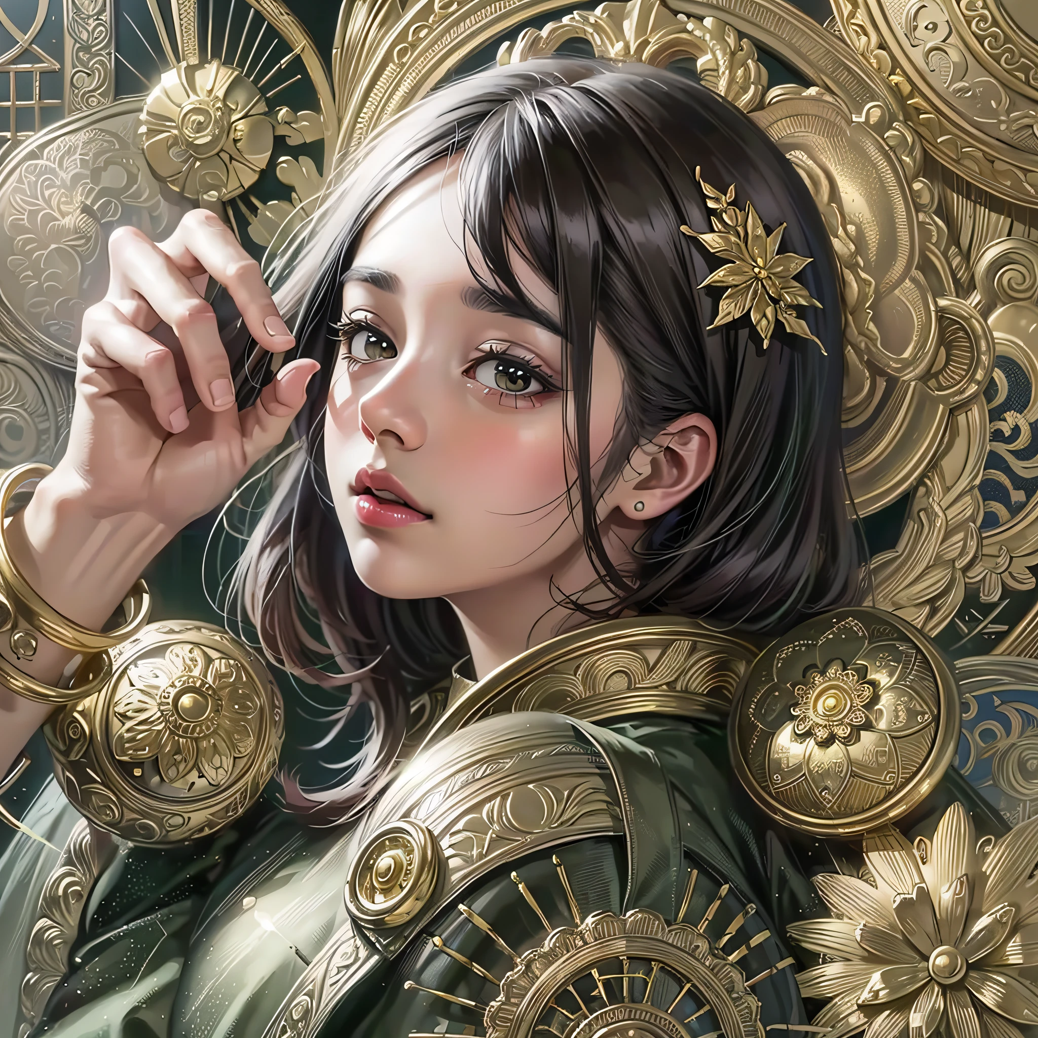 PerfectNwsjMajic,(masterpiece, top quality, best quality, official art, beautiful and aesthetic:1.2), (1girl), extreme detailed,colorful,highest detailed, official art, unity 8k wallpaper, ultra detailed, beautiful and aesthetic, beautiful, masterpiece, best quality, (zentangle, mandala, tangle, entangle) ,holy light,gold foil,gold leaf art,glitter drawing, --auto --s2