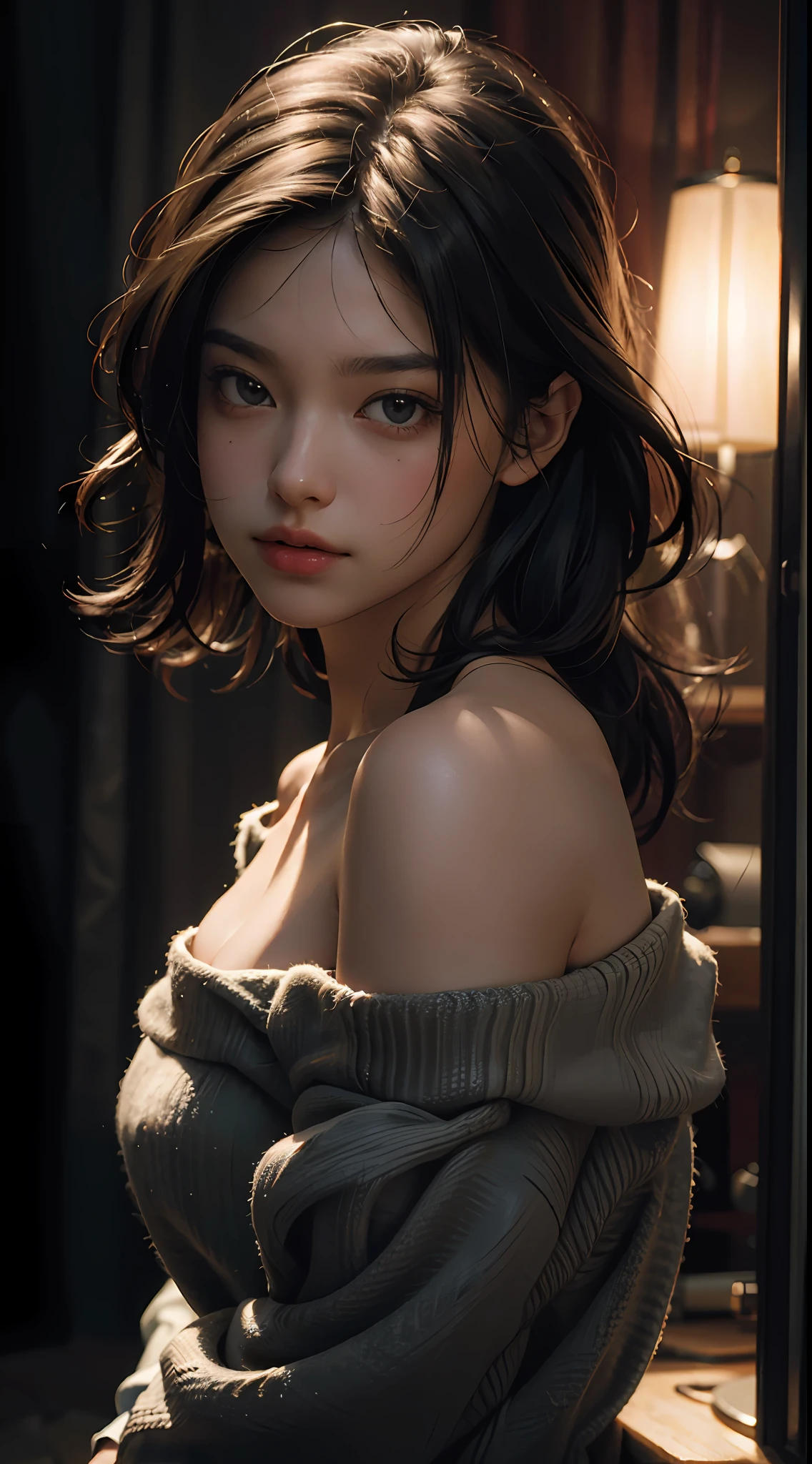 Best quality, masterpiece, ultra high res, (photorealistic:1.4), raw photo, 1girl, off shoulder, cinematic lighting