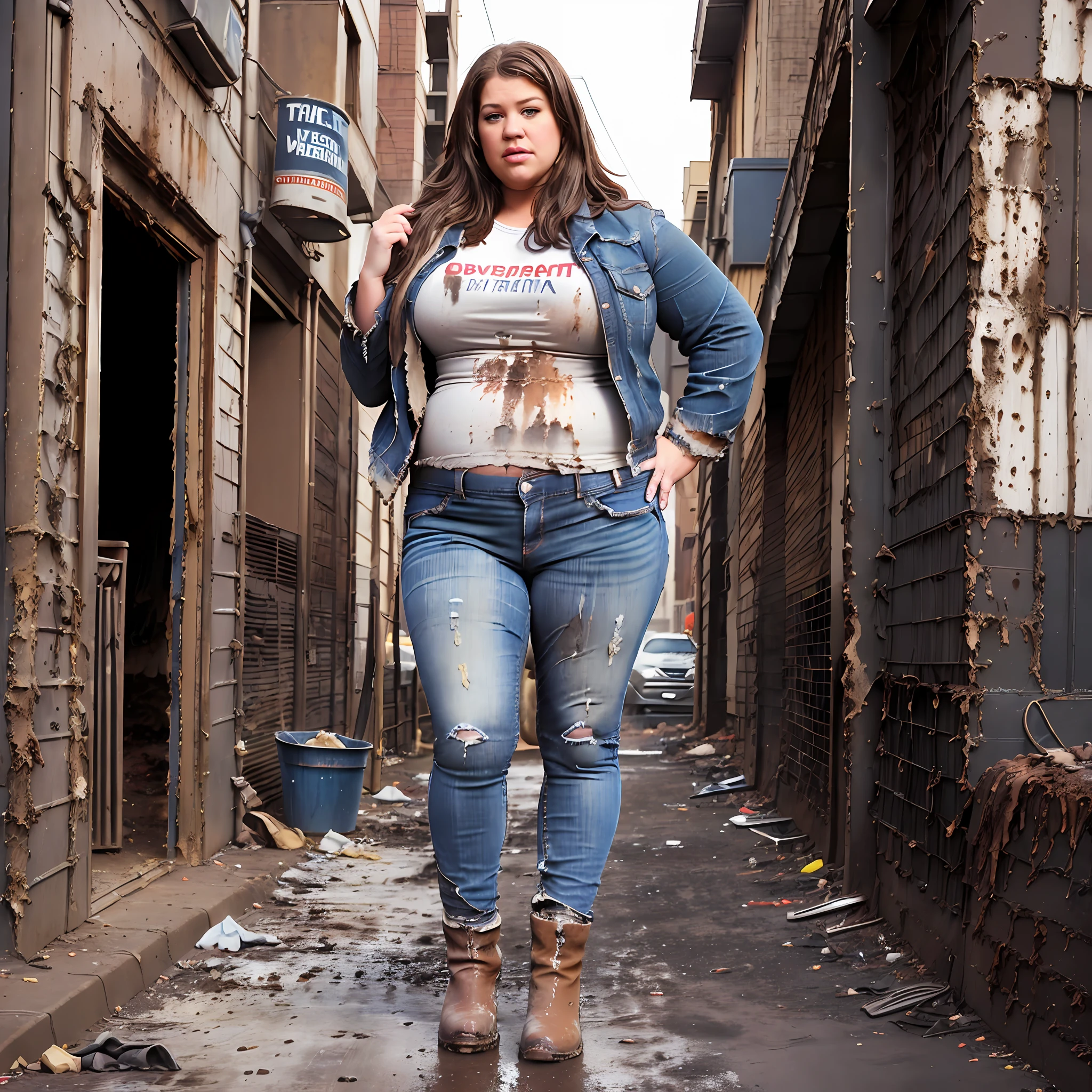 ((Overweight)) ((chubby)), Kelly Clarkson, small breasts, long brown hair, wearing business casual jeans, t-shirt, boots, jacket, standing in the street, filthy dirty clothes, covered in dirt ((dirty clothes:1.3)) (((full body shot))) (((full length))) (masterpiece) ((cinematic look))