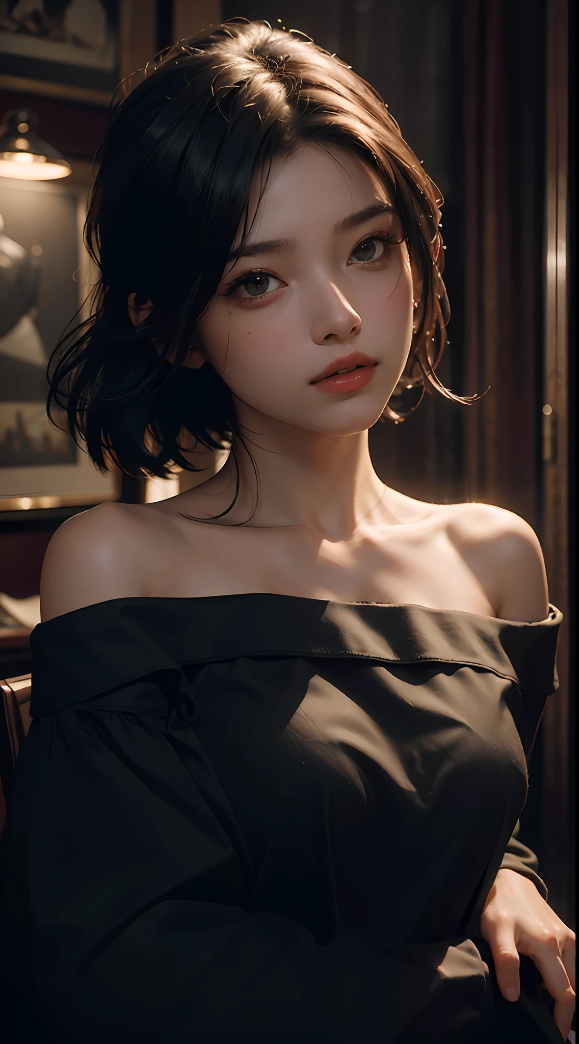 Best quality, masterpiece, ultra high res, (photorealistic:1.4), raw photo, 1girl, off shoulder, cinematic lighting