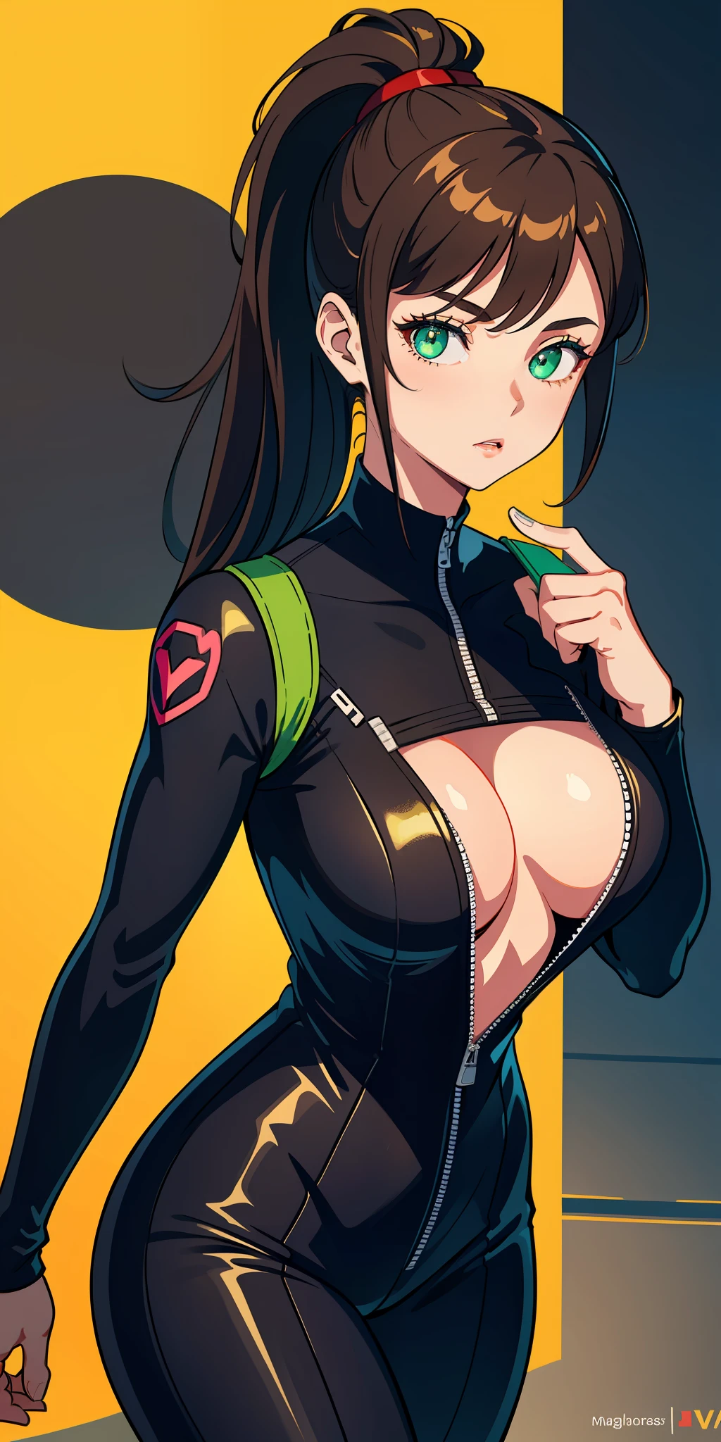 (masterpiece:1.2, best quality), (finely detailed beautiful eyes: 1.2), a girl with a brown ponytail, green eyes, , only 1 girl, age 20, black red dva jumpsuit