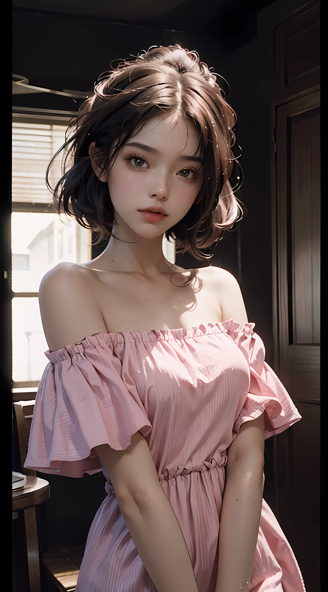 Best Quality, Masterpiece, Ultra High Resolution, (Realisticity: 1.4), Original Photo, 1girl, Pink Off-the-Shoulder, Cinematic Lighting