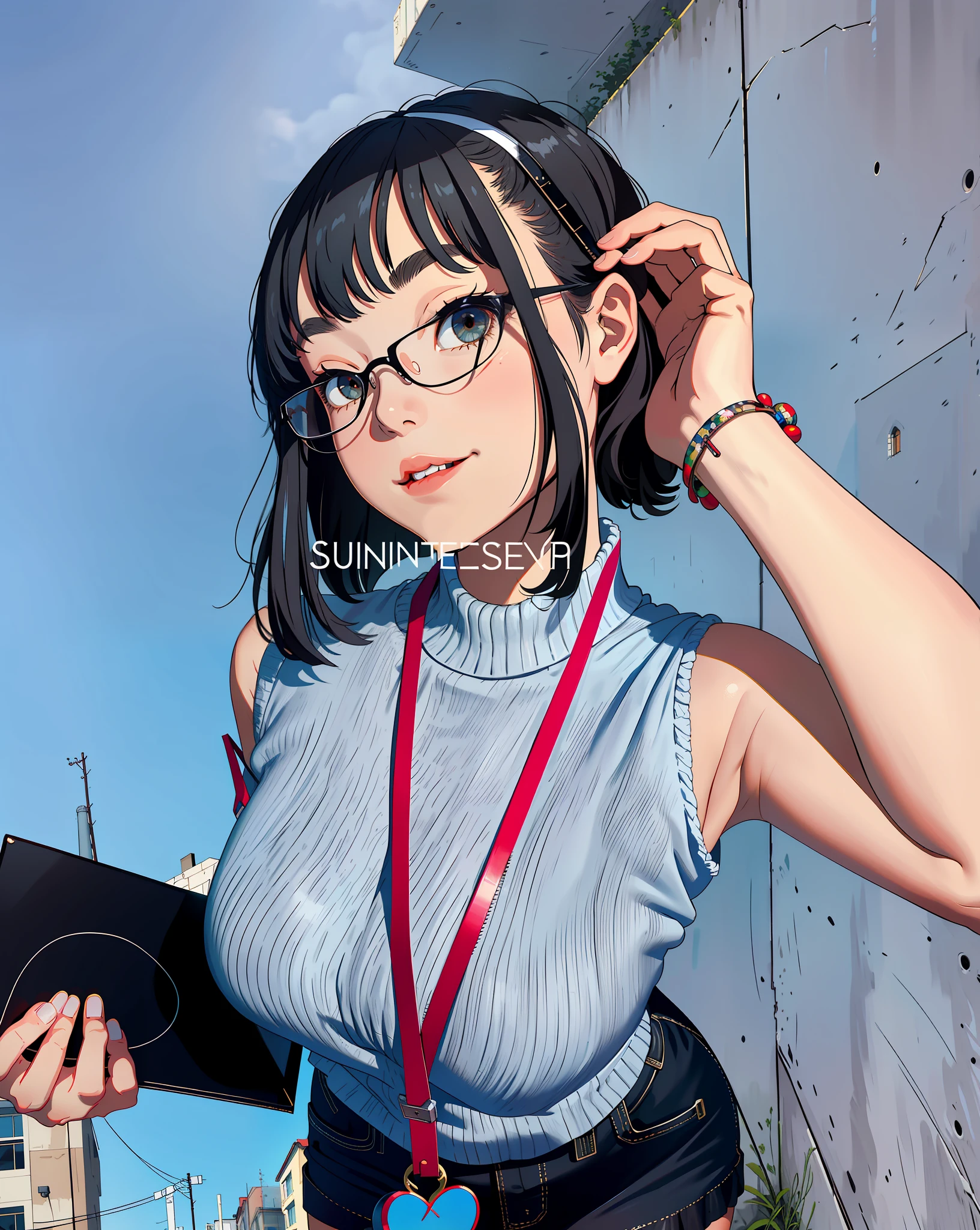 masterpiece, Top Quality, Absurdity, Perfect Anatomy, One Girl, Solo, Shrug \(clothing\), Long sleeve, Miniskirt, Standing, City, Outdoors, Cowboy shot, Smile, Black hair