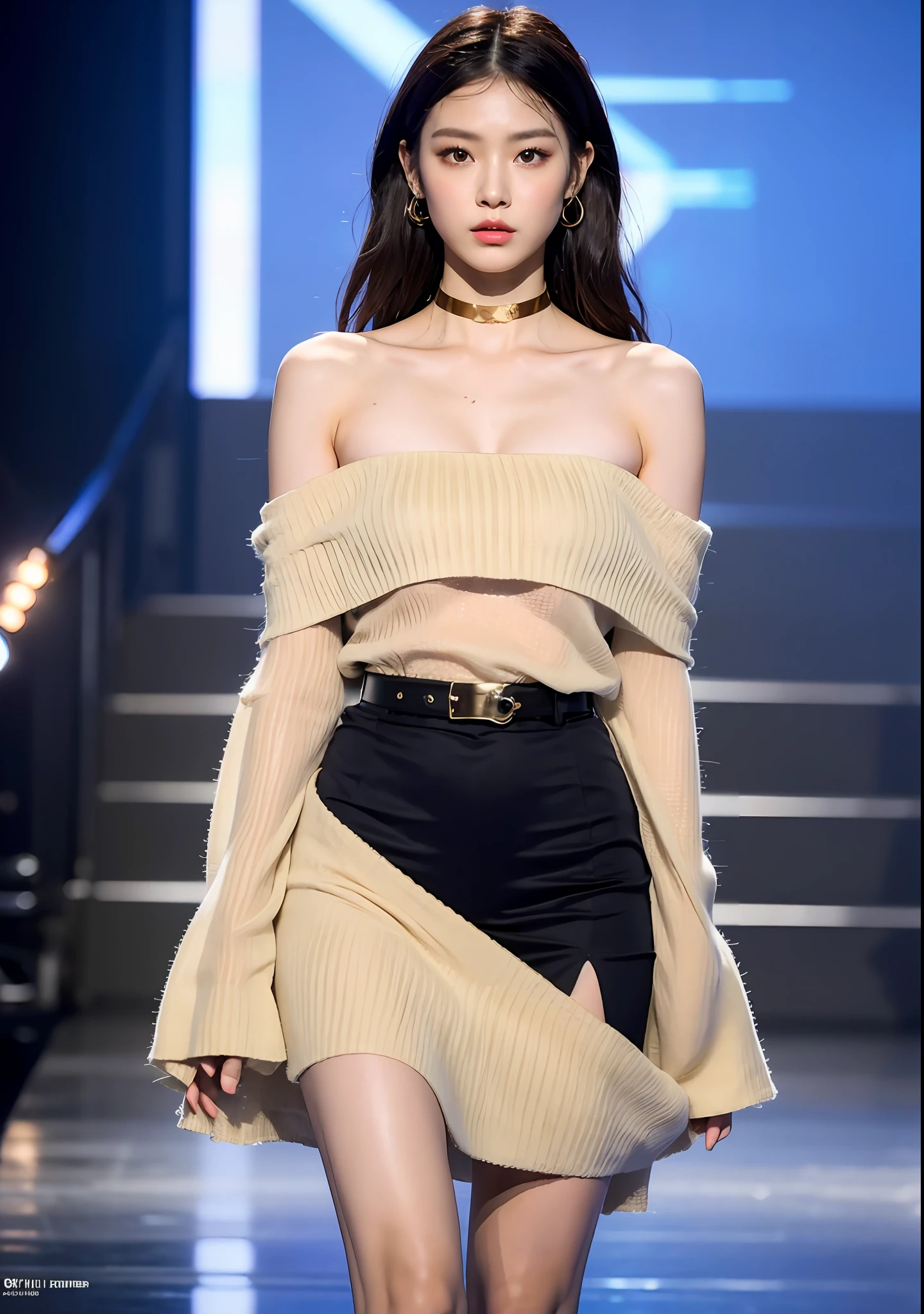 (Best quality, 8k, 32k, Masterpiece, UHD:1.2),Photo of Pretty Japanese woman, 1girl, (medium-short dark brown hair), double eyelid, fashion model, beautiful legs, unique maxi very wet white dress with slit, off-shoulder, gold belt, choker, stand tall, runway, huge stage, Paris Collection, nsfw, full body, see through,,