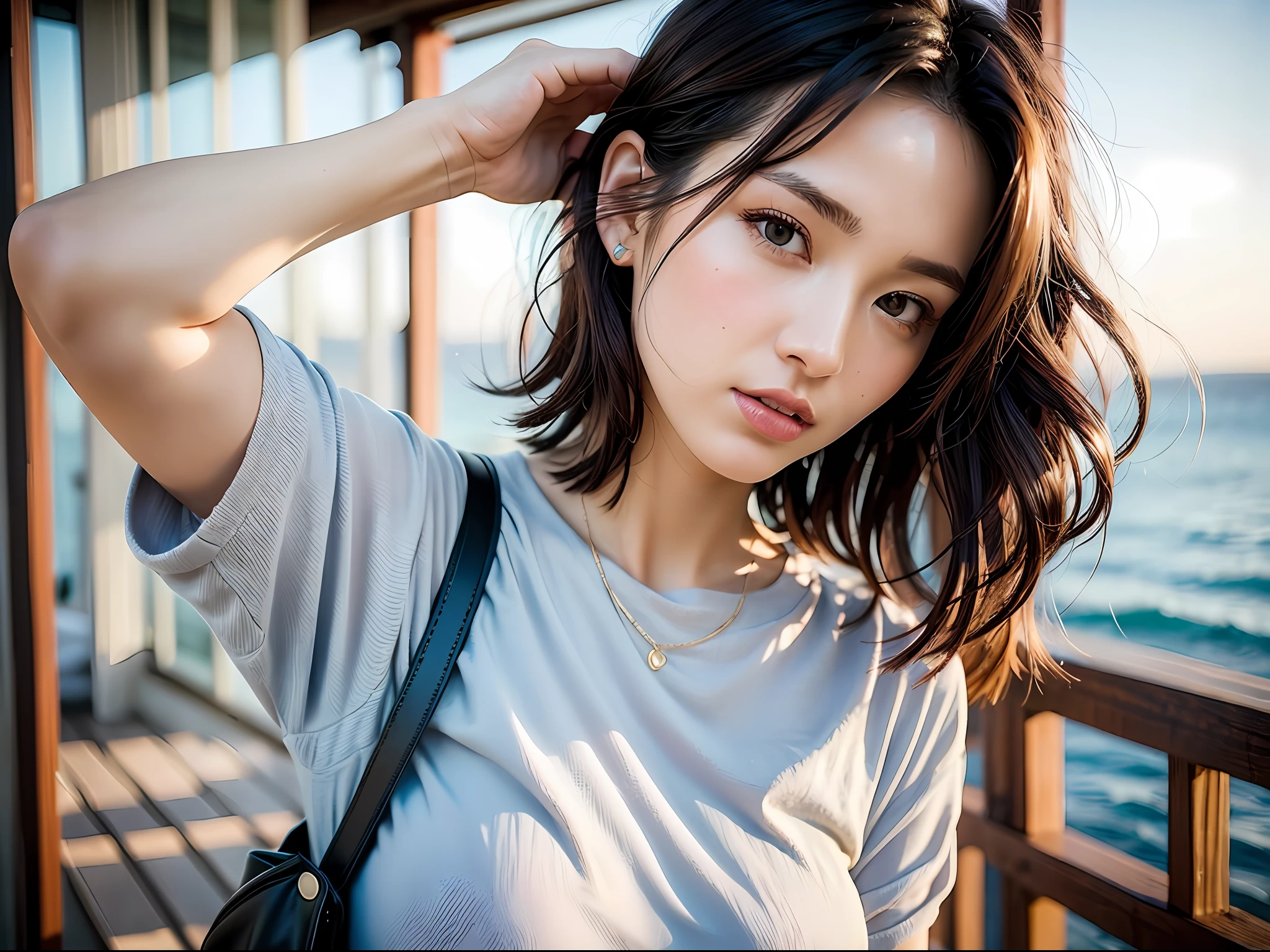 (8k, Best Quality, Masterpiece:1.2),(hair_style) ,(Realistic, Photorealistic:1.37), Best Quality, Masterpiece, Shot on wooden deck with sky and sea view in summer sunshine, [Small breasts], Backlight, Camera angle from waist up, Angle from behind, Pose with hair up with hands, Shot in natural light from morning to noon, Hairstyle and fashion style according to the Japan trend of 2023, realistic, lifelike, super detailed, beautiful face, 30s, actress, half Japan and half Russian, elaborate CG, slender, cute, mature, hairstyle is a short bob cut that matches the fashion of Japan in 2023 and hair fluttering in the wind, delicate skin type, fine details and softness of hair, The model's hair color is slightly bright and soft, and for glossy makeup and fashion style, choose an oversized T-shirt that matches the summer trend of 2023 and combine it with light pastel colors for a casual look.