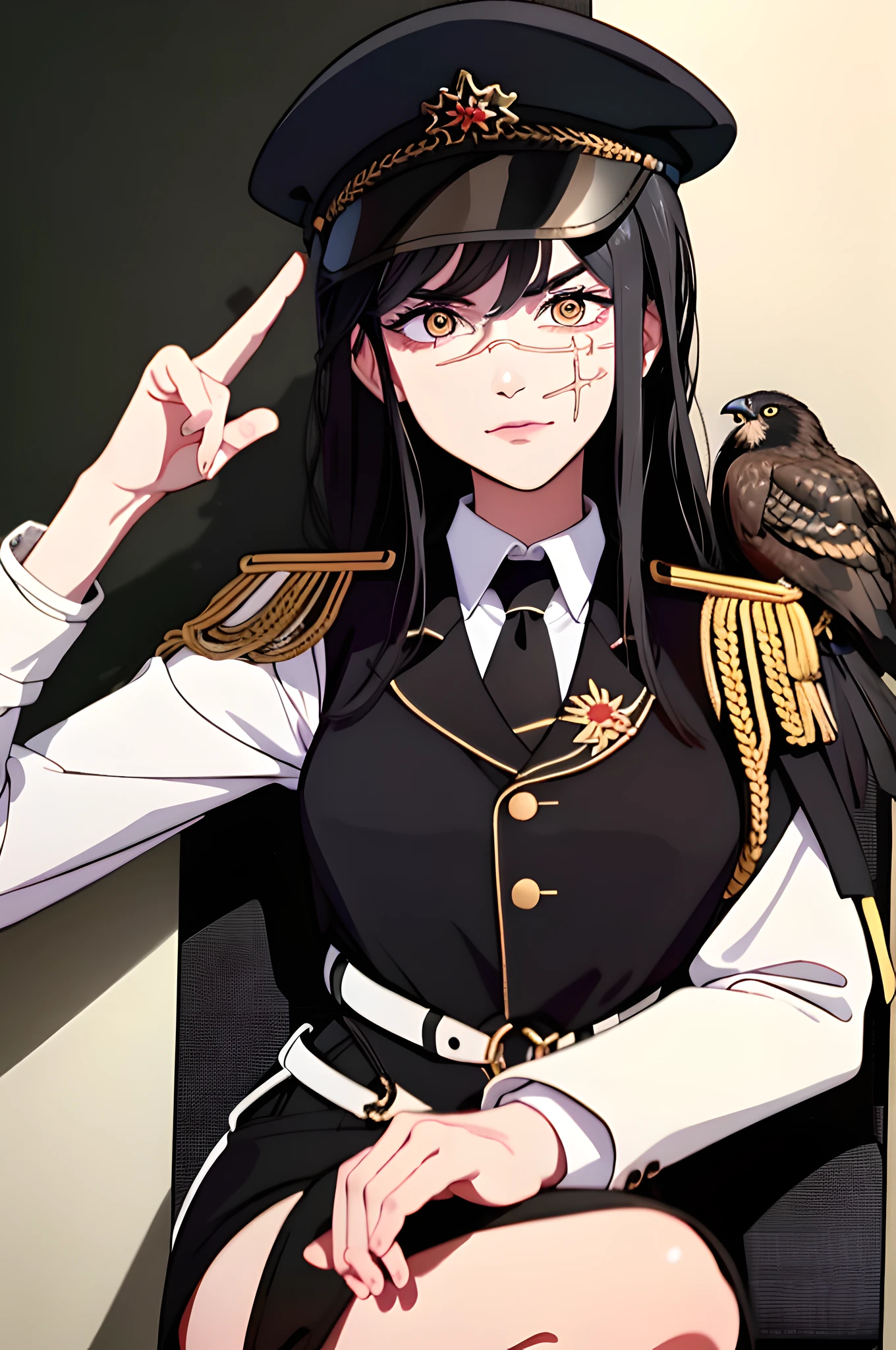 (masterpiece, best quality: 1.2), Solo, 1girl, Yoru \(Chainsaw Man\), evil look, looking at the viewer, yellow eyes, long hair, completely black hair, reference to clothing of a German WWII general, black long sleeves (best quality), scar on face, beautiful eyes, has only 2 arms, has war medals on his clothes,  Black military cap with a golden eagle, (wallpaper), (8K HD), (8K HD), golden shoulder pads,