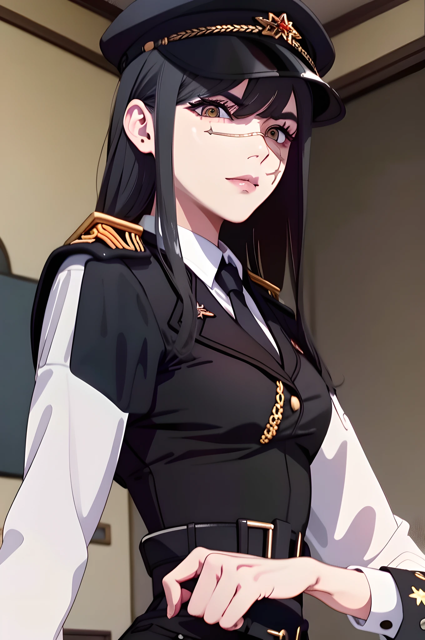 (masterpiece, best quality: 1.2), Solo, 1girl, Yoru \(Chainsaw Man\), evil look, looking at the viewer, yellow eyes, long hair, completely black hair, reference to clothing of a German WWII general, black long sleeves (best quality), scar on face, beautiful eyes, has only 2 arms, has war medals on his clothes, Black military cap with a golden eagle, (wallpaper), (8K HD), (8K HD), golden shoulder pads,