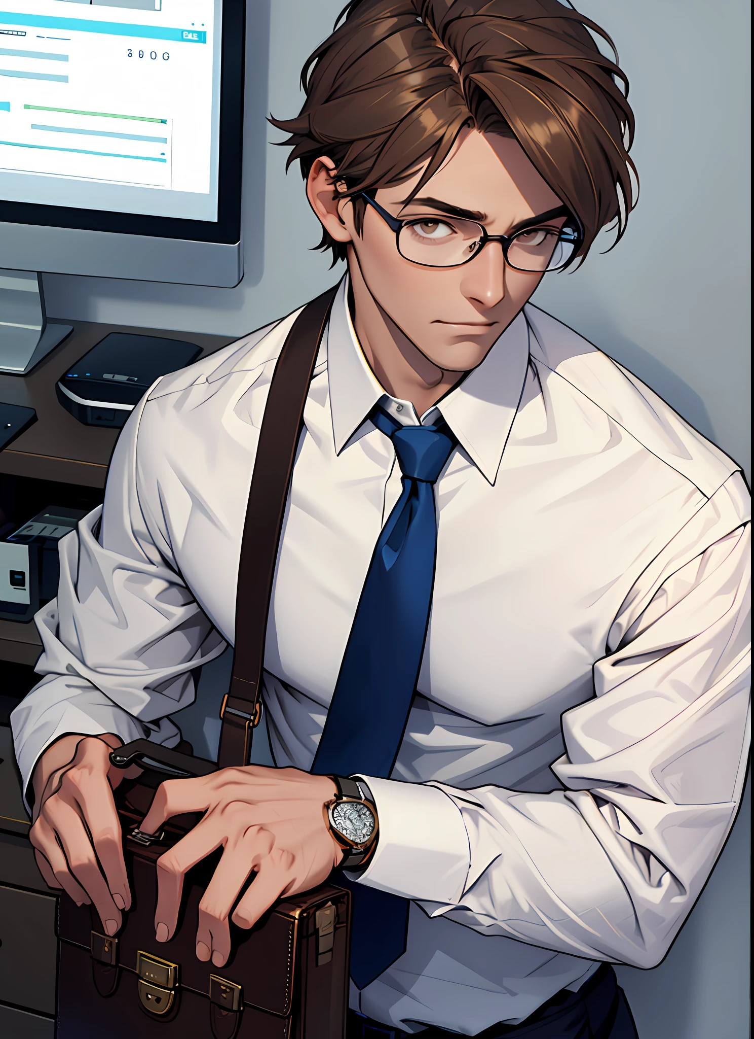 1 boy, skinny, brown-haired, glasses, brown eyes, ((masterpiece, highest quality)), urban, office, white cutter shirt, sleeves, watch viewer, blue tie, briefcase, depth of field,