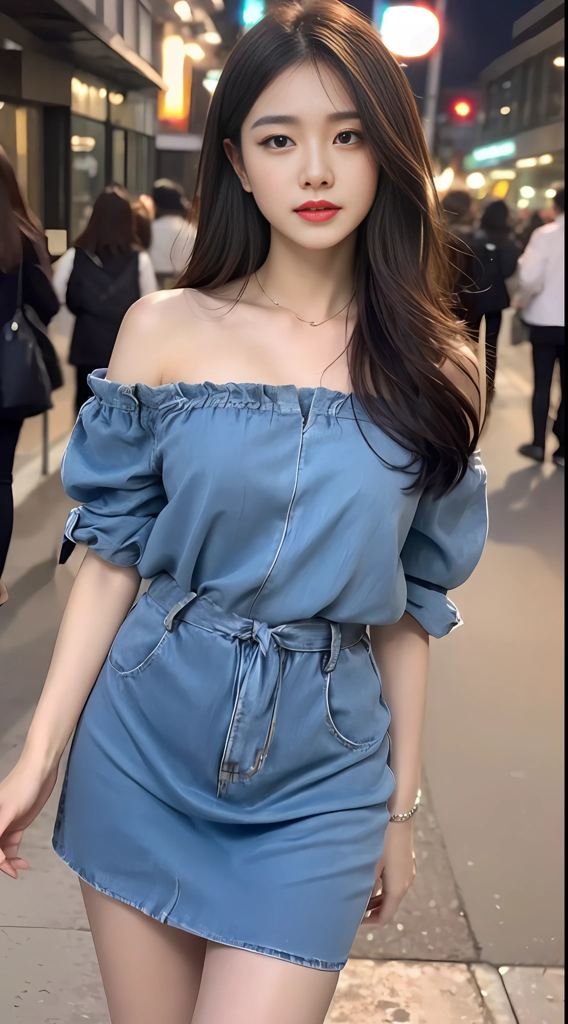 ((Masterpiece, Best Quality, 8K: 1.3)), Perfect Body Beauty: 1.4, Buttocks: 1.2, Layered Haircut, Beautiful Breasts: 1.2, Wet Clothes: 1.1, Night Street View: 1.3, Noble Bandeau Dress: 1.1, Fine Face, Silky Skin, Eye-catching Big Eyelids, Whitening Skin, Long Hair.