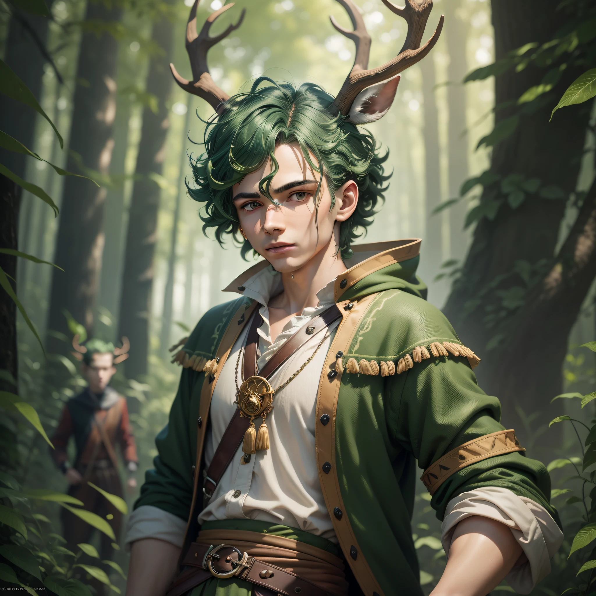 Green hair, Deerboy, Antlers, no human ears, Male, forest, Fashion of 1800, Brown peasant clothes, Male, Magician, BOY, 18 year old boy, curly hair, cinematic lighting, motion blur, ray tracing, shadow, Sony FE, Sony FE GM, Realism, Action painting, UHD, high quality, best quality, 16k, Androgynous