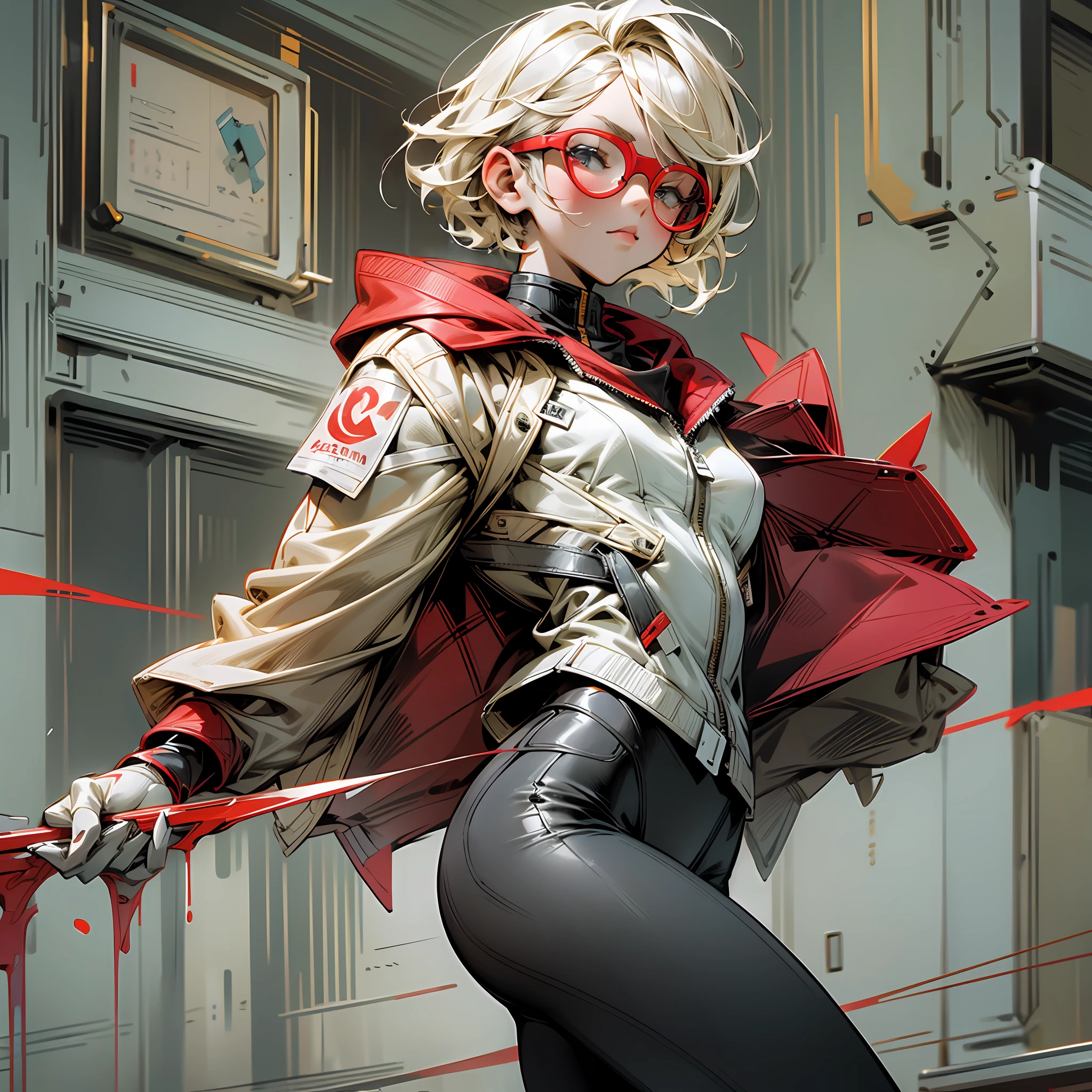 comic book style art, pretty, young, ager, short blonde hair, side-swept bangs, red glasses, smart face, has athletic body, black wears leggings, wears white jacket with red accents --auto --s2