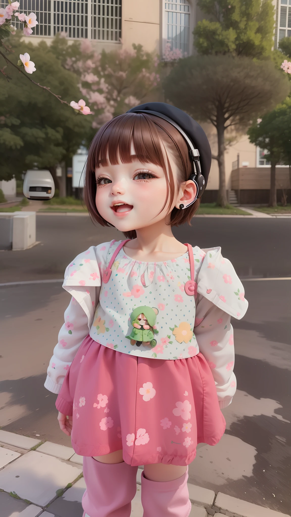 (masterpiece),(best quality),(ultra-detailed), (full body:1.2), 1girl,chibi,cute, smile, open mouth, flower, outdoors, playing guitar, music, beret, holding guitar, jacket, blush, tree, :3, shirt, short hair, cherry blossoms, green headwear, blurry, brown hair, blush stickers, long sleeves, bangs, headphones, black hair, pink flower, (beautiful detailed face), (beautiful detailed eyes),