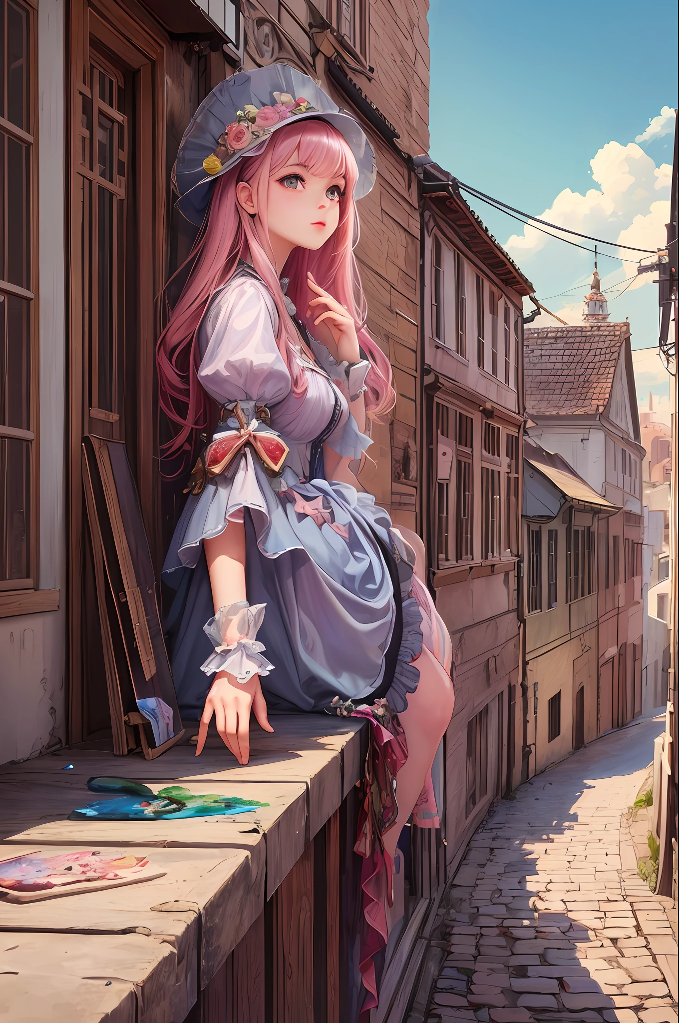 ( Absurd , High quality , ultra detailed, masterpiece, concept art, smooth, highly detailed artwork, hyper realistic painting ) Dreamy , Romantic , Vivid, girl , pink , strawberry shortcake character, cute , whole body ,
