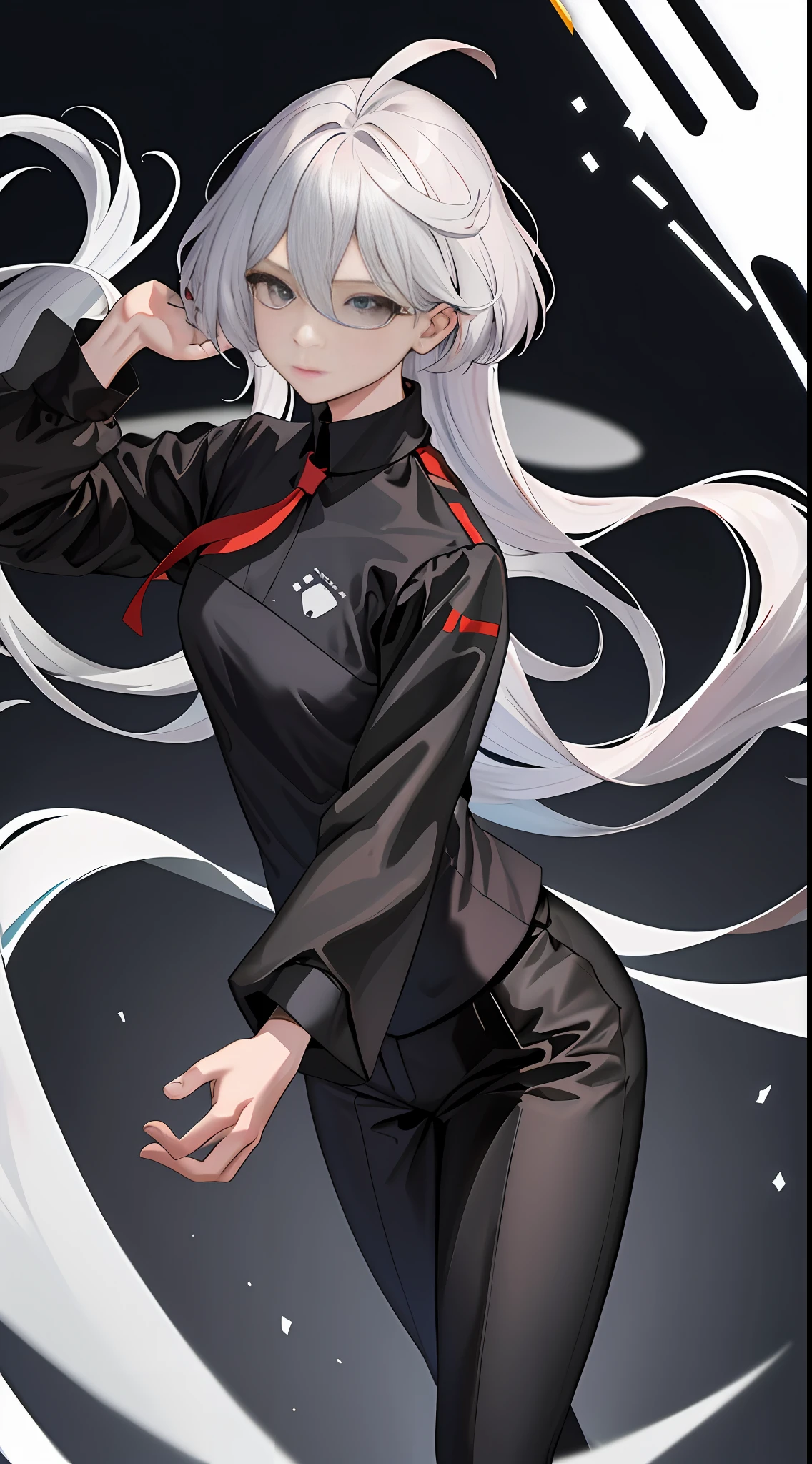 Masterpiece, Top Quality, Hi-Res, Myorin 1, Myorin Remblanc, Black Business Suit and Pants, White Shirt, Solo, Long-haired, Gray Eyes, Gray Hair, Ahoge, Bangs, Hair Between the Eyes, Black Pantyhose, Long Sleeves, Floating Hair, Medium, Dignified Face. Addressing the Congressional Stage