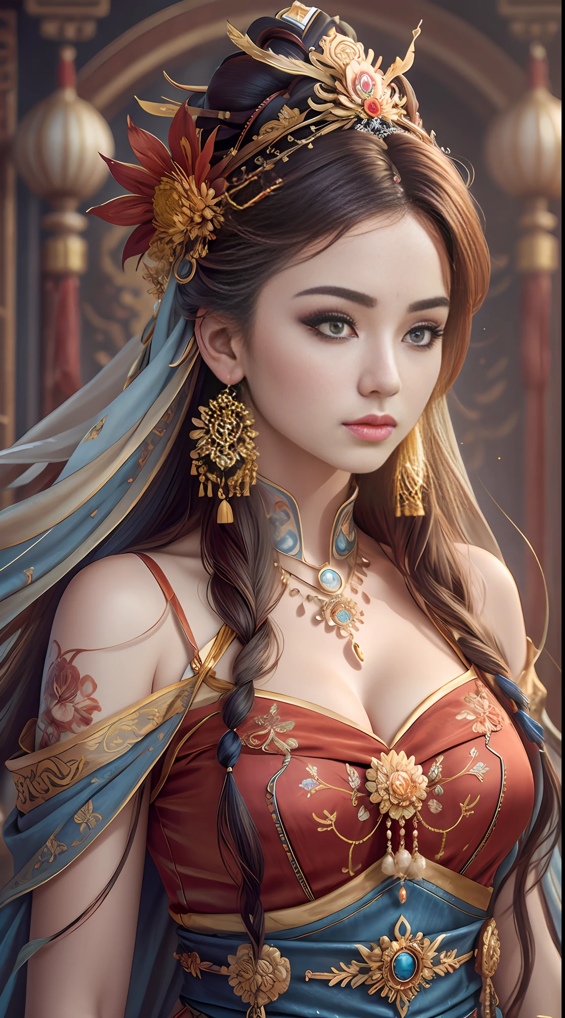 Best Quality, Masterpiece, Ultra-Detailed High Resolution, (Realistic: 1.4), Original Photo, , Illustration, 1 Girl, Handheld Weapon, (Solo Exhibition: 1.2), (Denim Lens: 1.2), (Hair Crown: 1.2), Chinese Dunhuang Traditional Costume, No Straps, (Red Eyeliner: 1.2), (Black Eyes: 1.4), Earrings, Dynamic Angle, Opera House, messy_long_hair, Ink, Movie Lights, lens_flare, Velvet, Chrysanthemum, Tassels, Ribbon, colorful embroidery, upper body, facing camera, dynamic pose, large chest