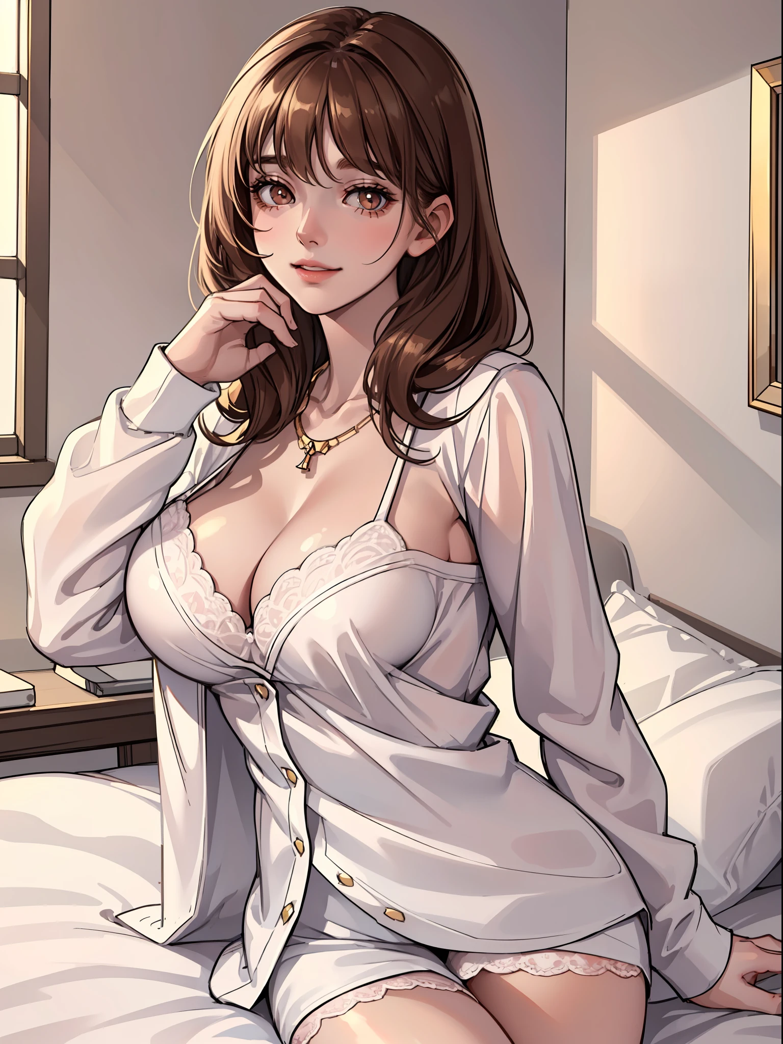 DETAILED, DENSE, MASTERPIECE, one girl, beautiful, wearing white cardigan, one girl lying on bed with blanket, brown hair, 22 years old, smooth skin, glowing skin, glowing hair, clear eyes, glowing eyes, brown eyes, soft lips, pale pink lips, (viewer Looking down: 0. 8) smiling slightly, cheeks stained, shy, mouth open, bangs, white sleeves, white clothing, one girl, soft skin, large breasts, glowing skin, cinematic lighting, rich lighting, room lighting, simple gold necklace, diamond necklace, white Lace bra, white lace panties, white lace underwear, high angle, low angle, (Masterpiece: 1.0), (Realistic: 1.6), (Soft Focus: 1.5)