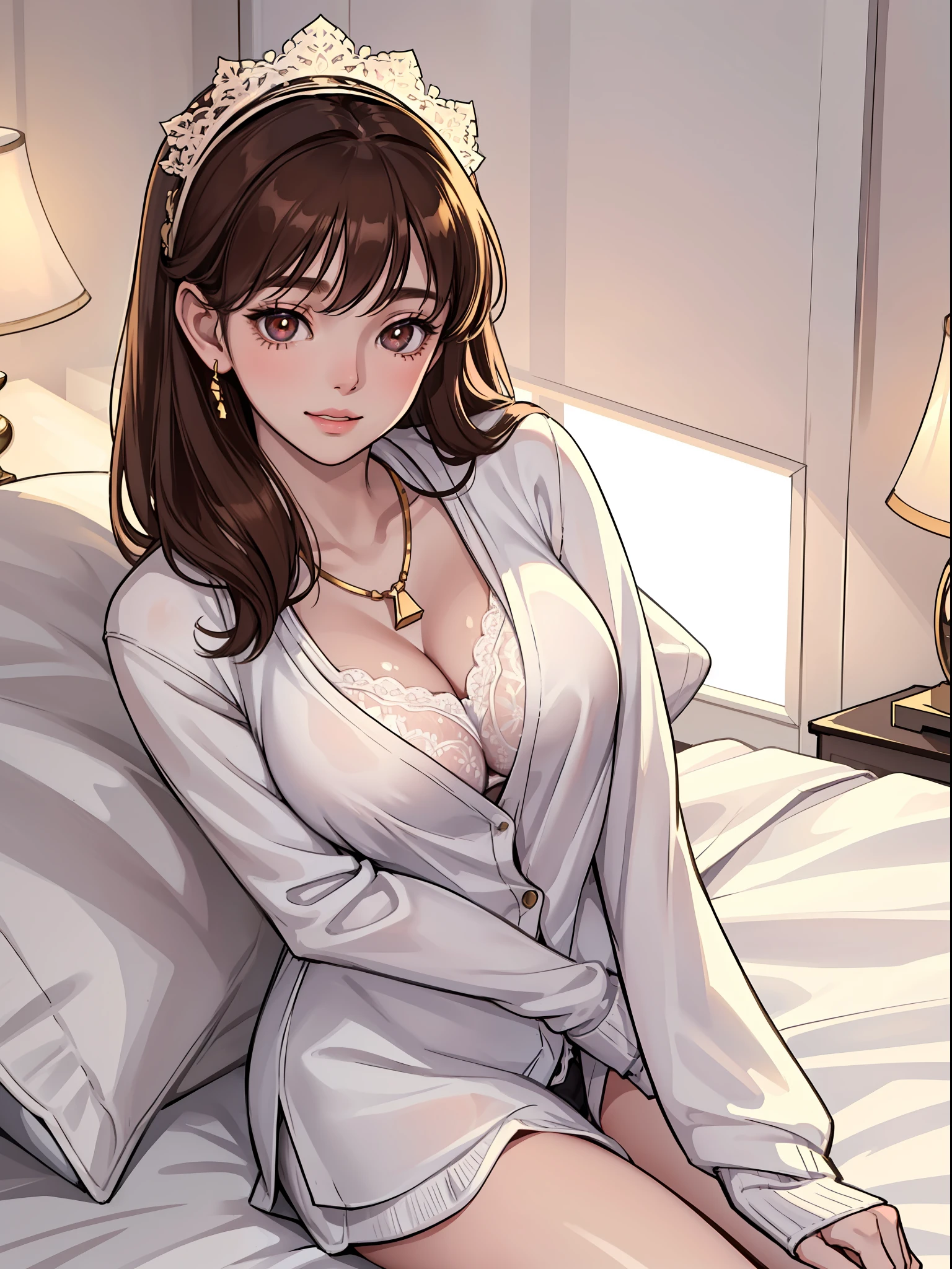 DETAILED, DENSE, MASTERPIECE, one girl, beautiful, wearing white cardigan, one girl lying on bed with blanket, brown hair, 22 years old, smooth skin, glowing skin, glowing hair, clear eyes, glowing eyes, brown eyes, soft lips, pale pink lips, (viewer Looking down: 0. 8) smiling slightly, cheeks stained, shy, mouth open, bangs, white sleeves, white clothing, one girl, soft skin, large breasts, glowing skin, cinematic lighting, rich lighting, room lighting, simple gold necklace, diamond necklace, white Lace bra, white lace panties, white lace underwear, high angle, low angle, (Masterpiece: 1.0), (Realistic: 1.6), (Soft Focus: 1.5)