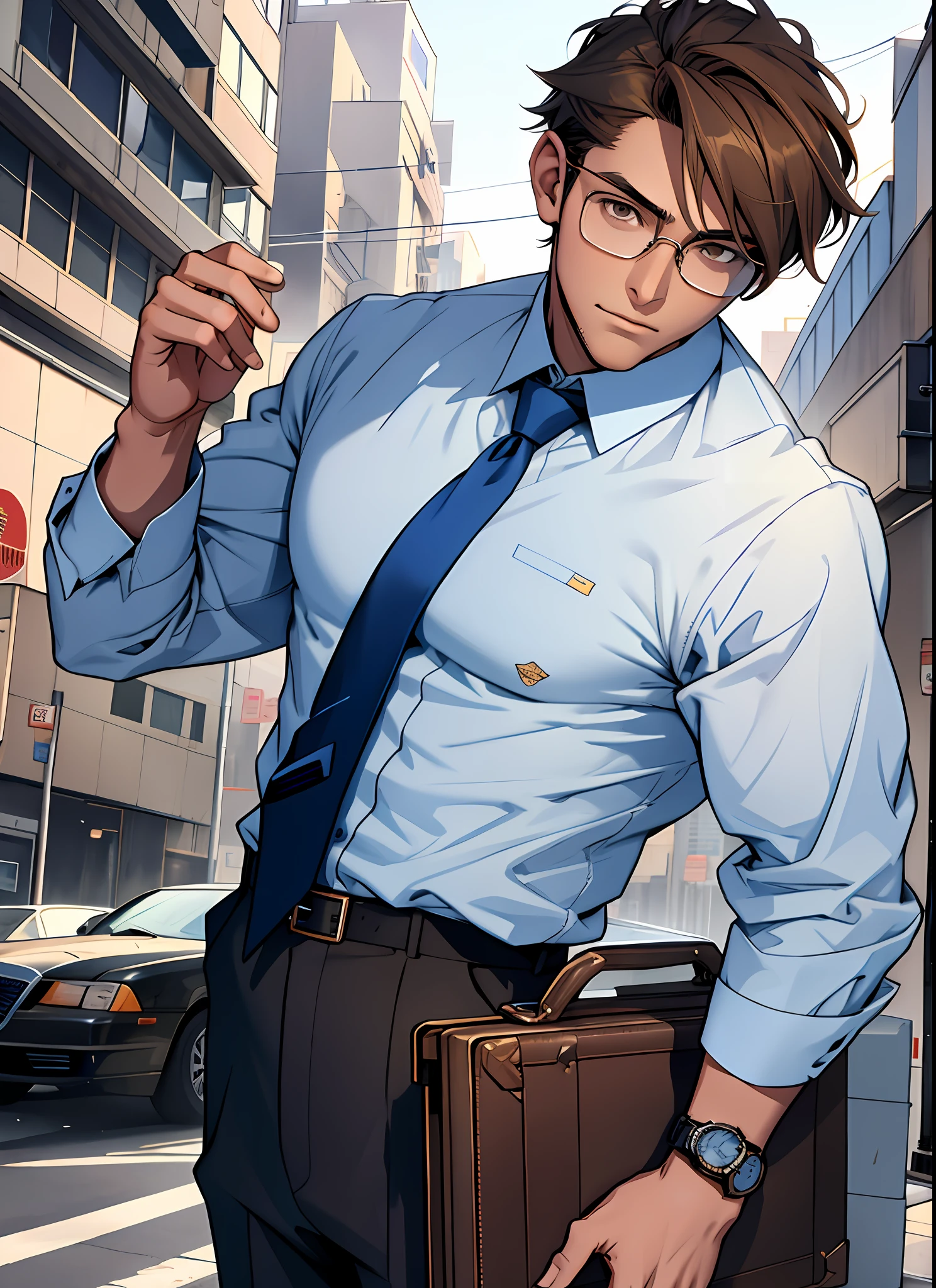 1 boy, skinny, brown-haired, glasses, brown eyes, ((masterpiece, highest quality)), urban, office, white cutter shirt, sleeves, watch viewer, blue tie, briefcase, depth of field,