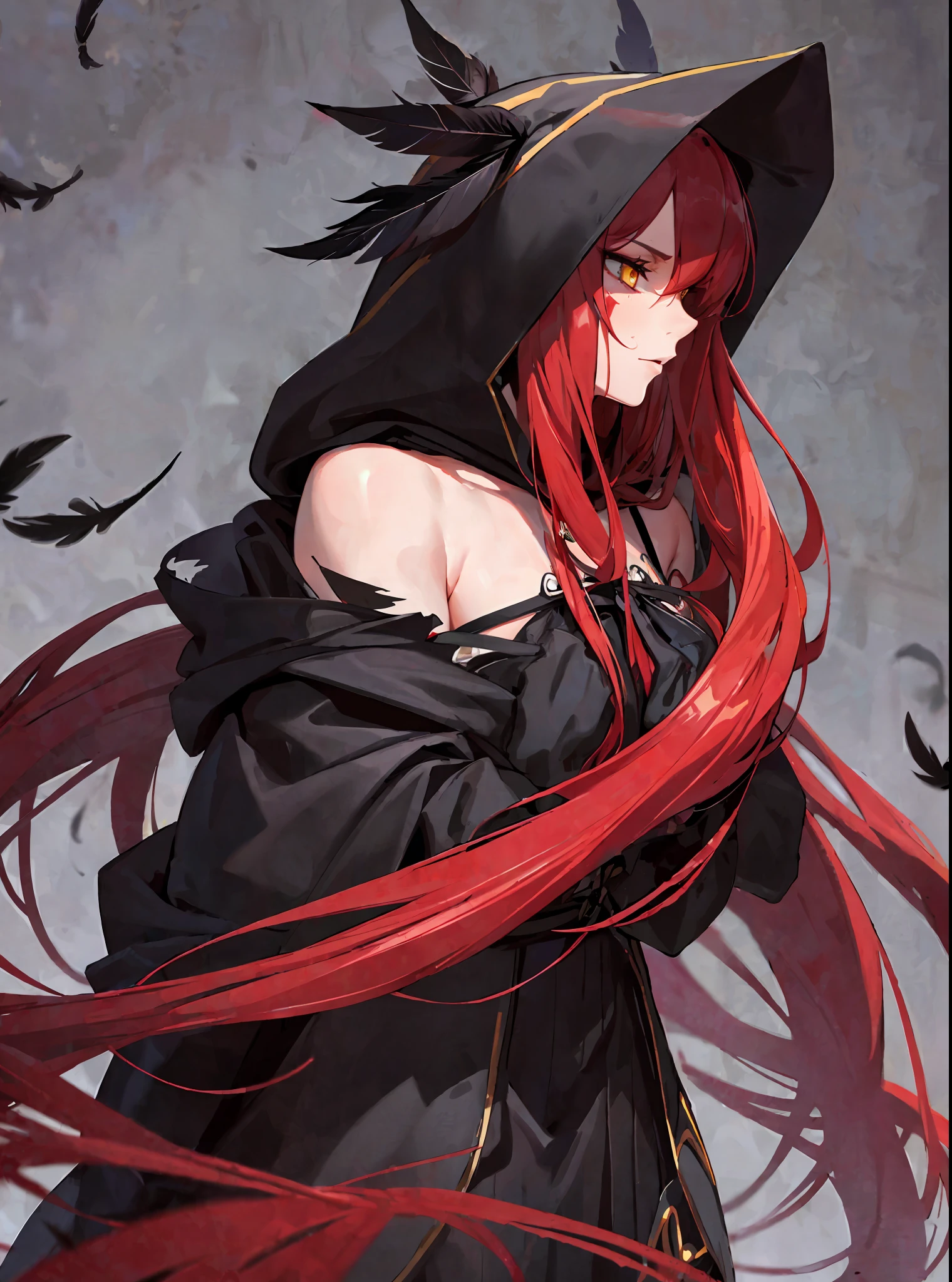 (masterpiece, best quality) an adult woman with very long red hair, ((black feathers)), ((close)), neckline, ((hood)), black ribbons, red leather, (profile picture), black bows, bodysuit, cold look, queen, good anatomy, correct proportions, torn clothes, queen, yellow eyes, serious, mysterious appearance, blood, emotionless, straight bangs, very long red hair, evil, (yellow eyes), gothic,  medium chest, ((show from chest to head)), cinematics, color oil painting, solo, cinematic lighting, extremely detailed face, finely detailed face, beautiful face, beautiful eyes, perfect lighting, depth of field, realistic proportions, good anatomy