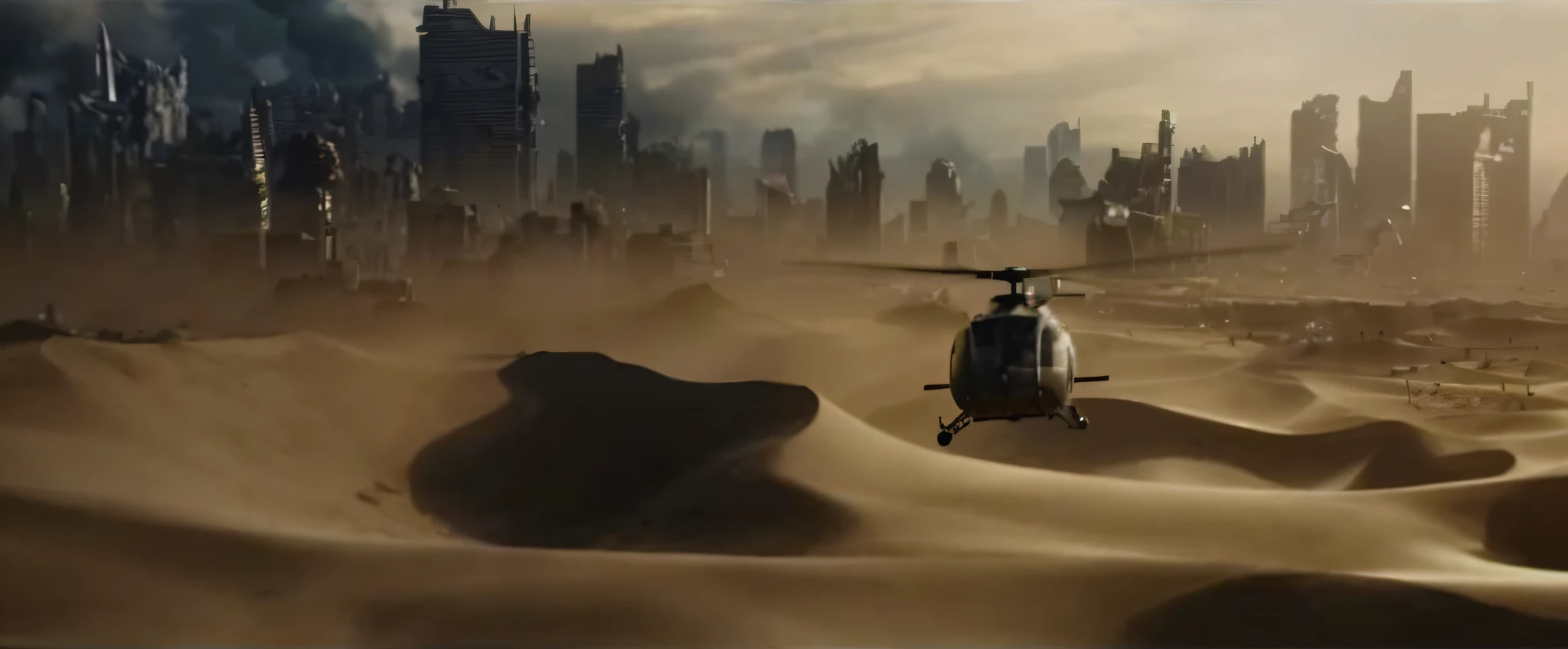 a close up of a helicopter flying over a desert area, epic scifi movie still, zack snyder cinematography style, in roger deakins style, in a scifi movie, an epic scifi movie still, sci-fi movie shot, roger deakins cinematography, dystopian alien landscape, still from a ridley scott movie, cinematic widescreen shot, landed spaceship in background