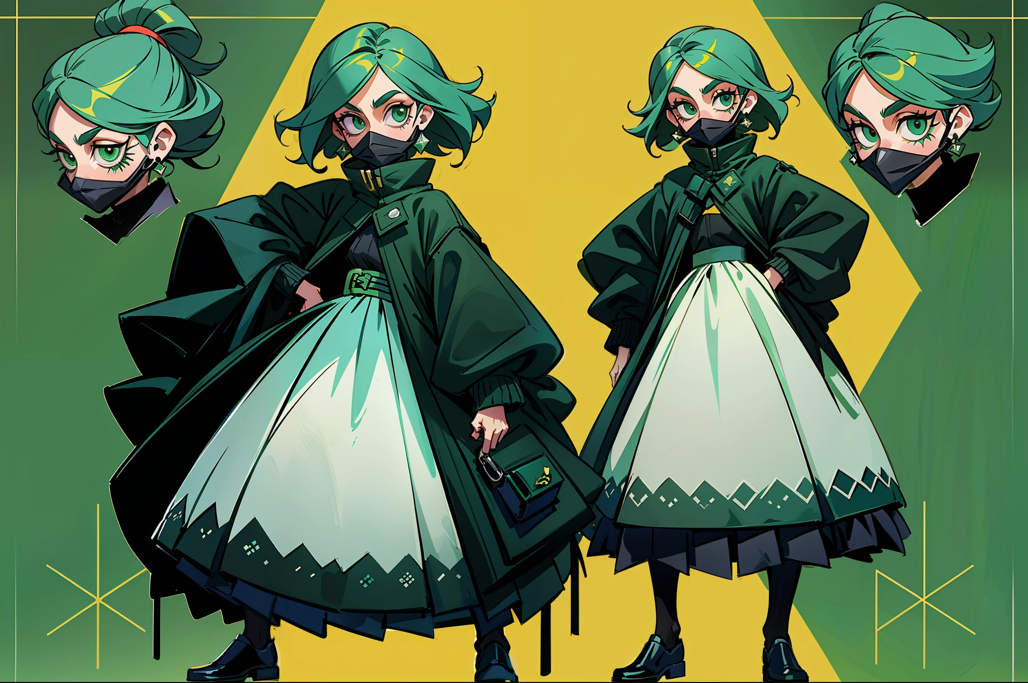 Bank robber styled clothing girl wearing poncho black color scheme with hint of emerald green goofy hair wearing black mask pockets all over outfit fullbody criminal holding whip standing at camera tall character concept art sheet