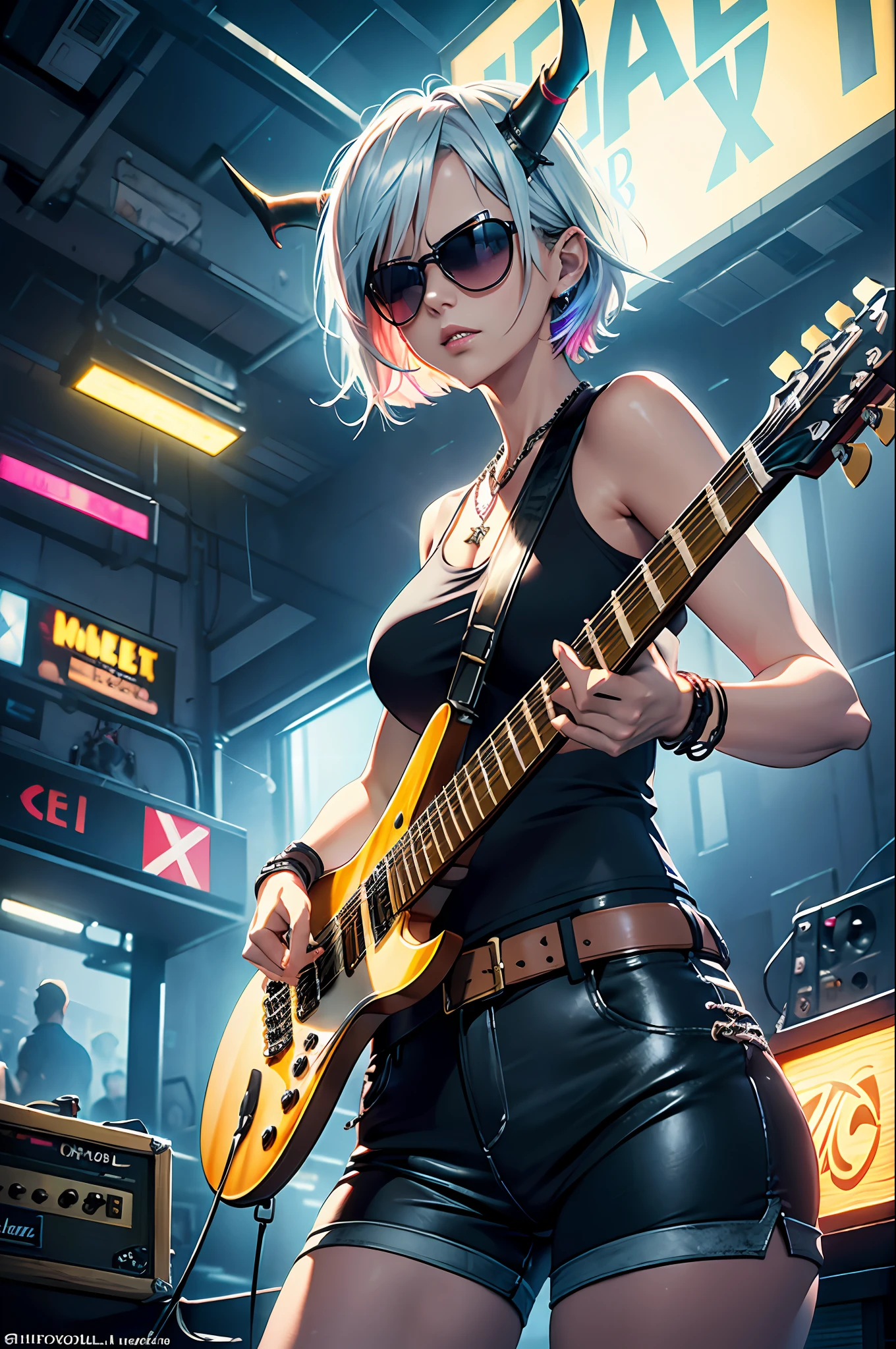 (photorealistic:1.4),official art,unity 8k wallpaper,ultra detailed,exquisitely detailed skin,(cinematic angle)(film grain:1.2)cinematic lighting,beautiful and aesthetic,dynamic lighting,masterpiece,best quality,glowing skin,cyberpunk,mechanical arms,(cyberpunk joints),(neon light),(cybernetic implants:1.2),(augmentations),(cyborg:1.2)(cowboy shot),,1girl,short hair,slim body,medium breasts,narrow waist,tank top,high waist shorts,fishnet pantyhouse,a rock band lead singer,Heavy Metal,(playing a electric guitar:1.4),wearing a sunglasses,chain,silver,necklace,live house,fiery atmosphere,sexy,charming,(loudspeaker box:1.3),wire,cable tail,devil horn,dynatic pose,excited, a small wooden toy,\(\(intricate details\)\),colorful details,iridescent colors BREAK,\(\(masterpiece best quality\)\),4k,ultra detailed,detailed lighting,\(\(inspired by Hayao Miyazaki\)\),official art,promotional art,composition,
