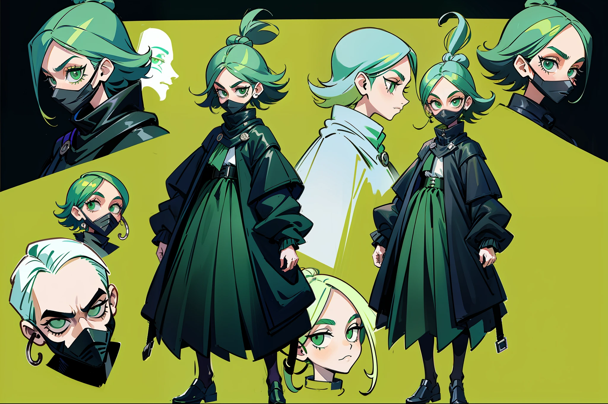 Bank robber styled clothing girl wearing poncho black color scheme with hint of emerald green goofy hair wearing black mask pockets all over outfit fullbody criminal holding whip standing at camera tall character concept art sheet
