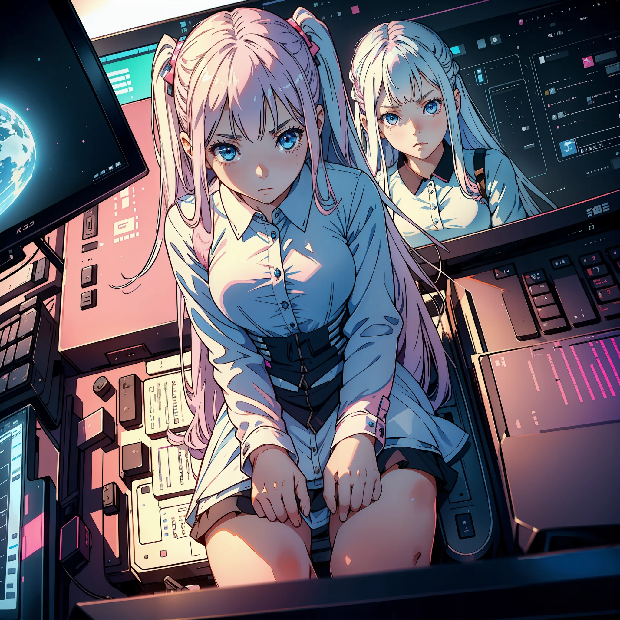 A girl, 15 years old, with a pink dress, big blue eyes, long white hair, sitting in front of a computer screen with a serious expression
