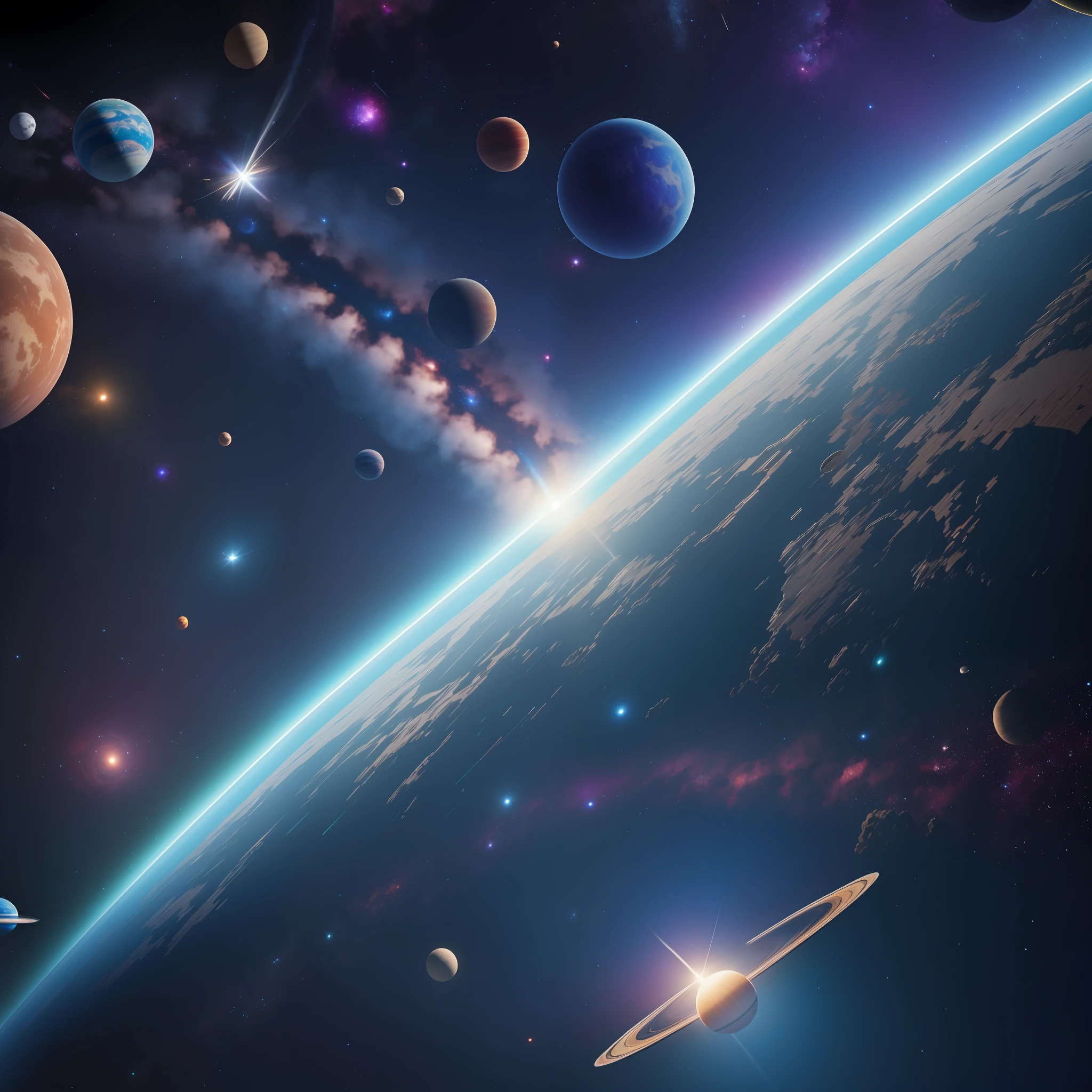 (8k, photorealistic: 1.37), A outer space full of bright stars and mysterious planets, with a spacecraft passing in the background.