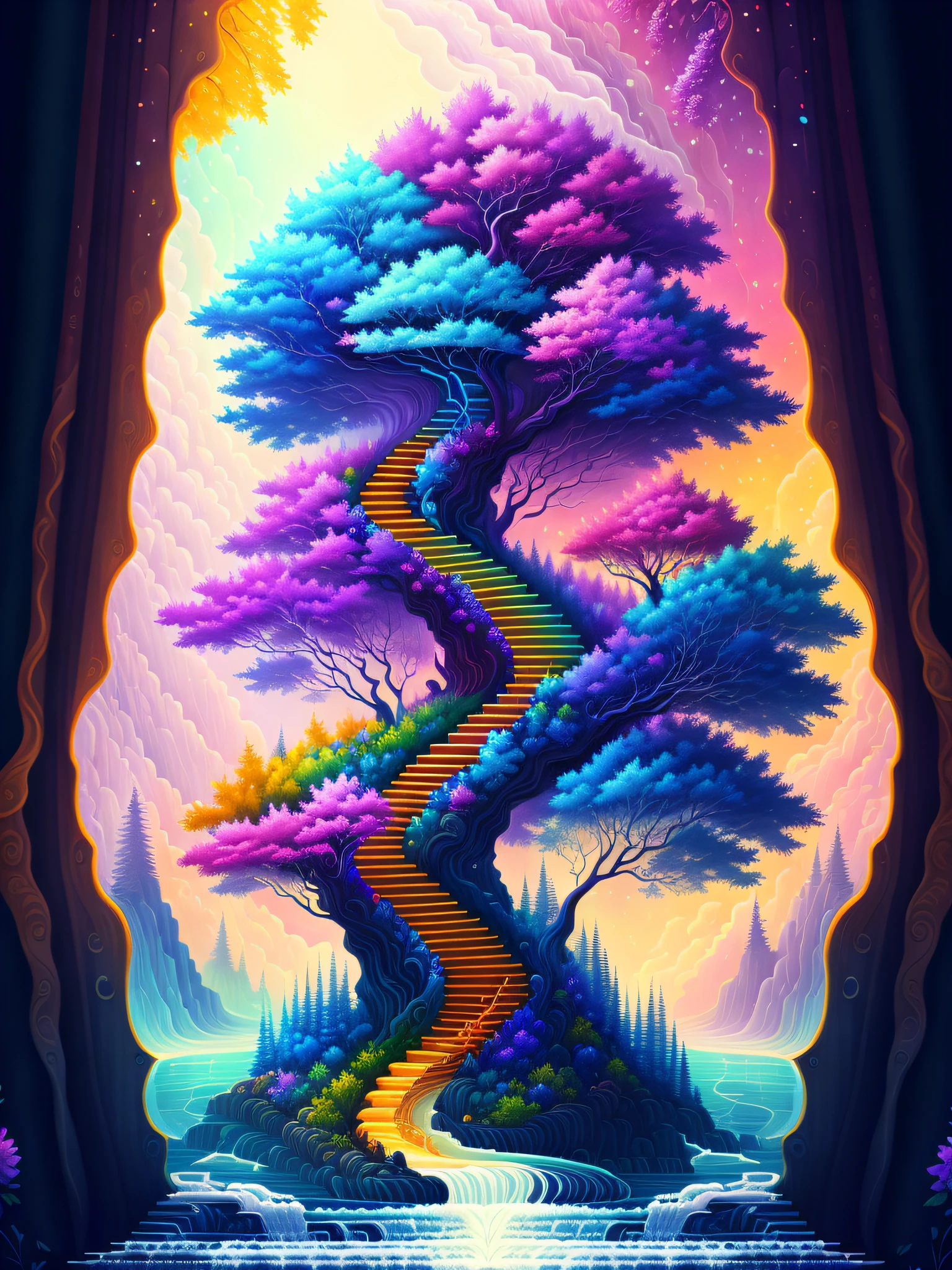 a painting of a tree on top of a waterfall, stairway to heaven, trippy!!! symbolic, shirt art, beautiful sci fi art, steps, inspired by Daren Bader, michael page, connectedness, author unknown, aka dream, triadic colours, beautiful render of a fairytale, blossoming path to heaven