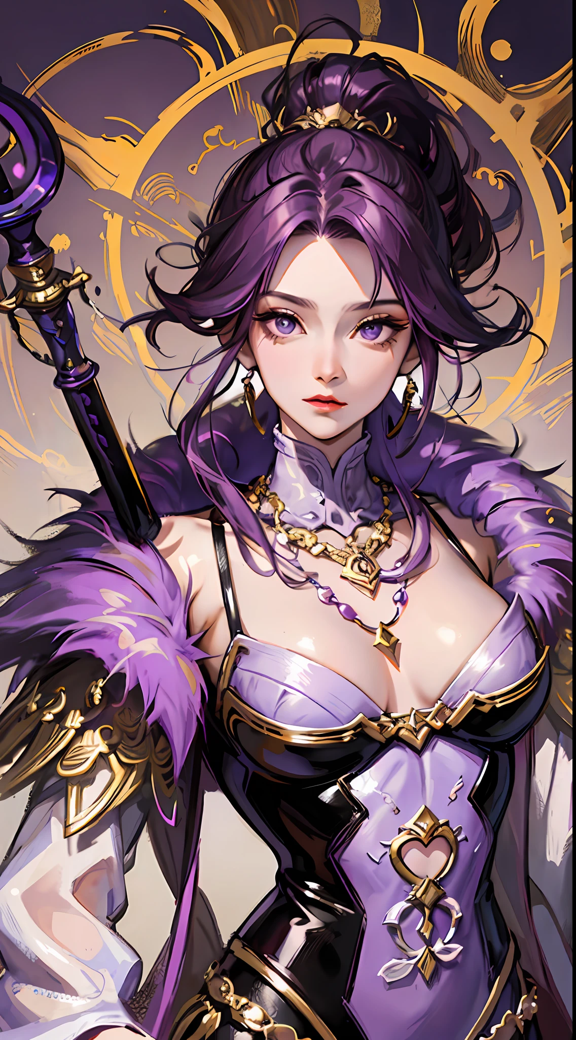 Tall guy, short dark purple hair, high ponytail, purple eyes, Monkey King clothes, open chest, battle staff, masterpiece, high quality
