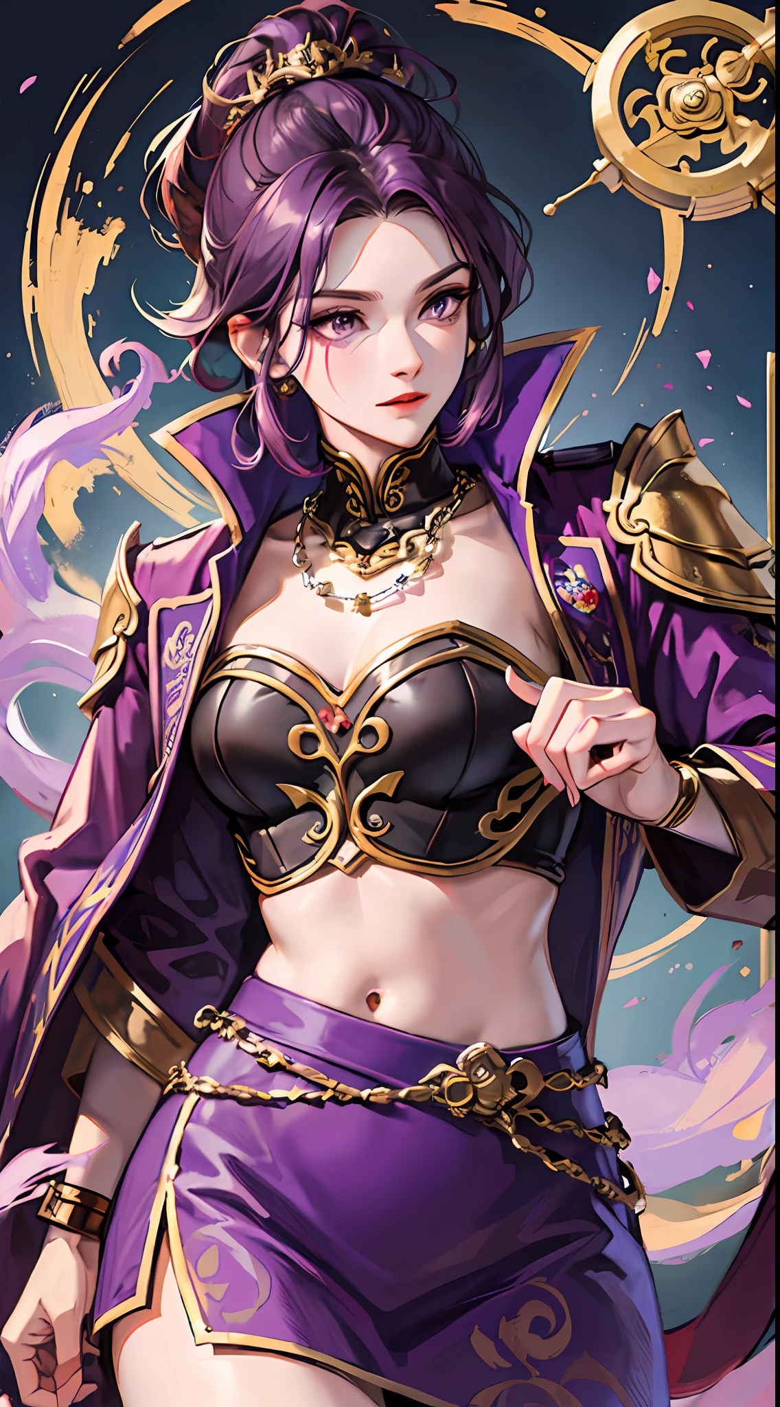Tall guy, short dark purple hair, high ponytail, purple eyes, Monkey King clothes, open chest, battle staff, masterpiece, high quality