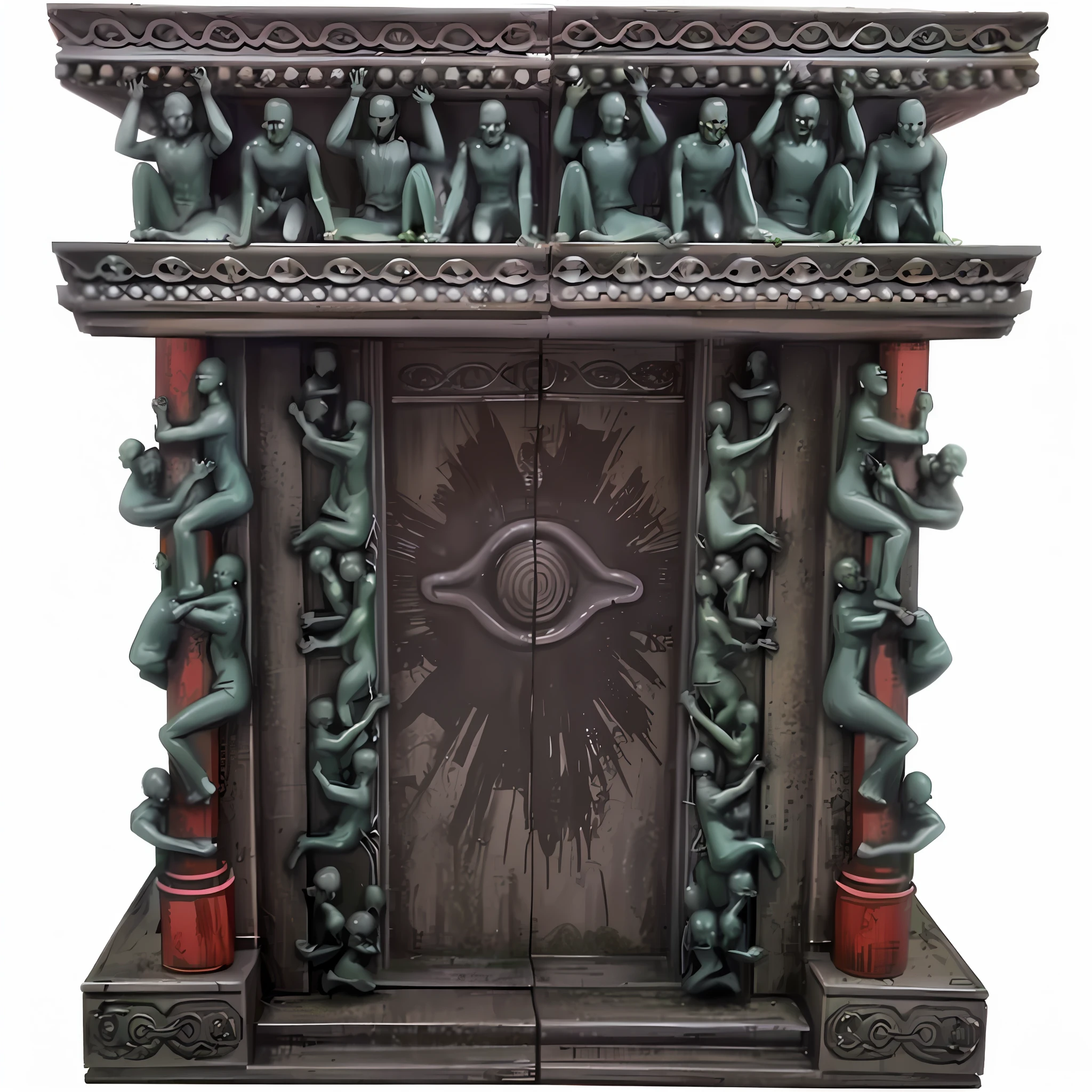 Statue of a group of women around a large eye, demonic sanctuary, mythical cosmic sanctuary, majestic hidden gates, mythical sanctuary, malevolent sanctuary, magical portal, alien temple, pyramid portal, a portal to the realm of lost flame, the great gate of hell, ancient biomechanical temple, doors that are cosmic portals, dark dimension portal apocalyptic background cartoony anime theme